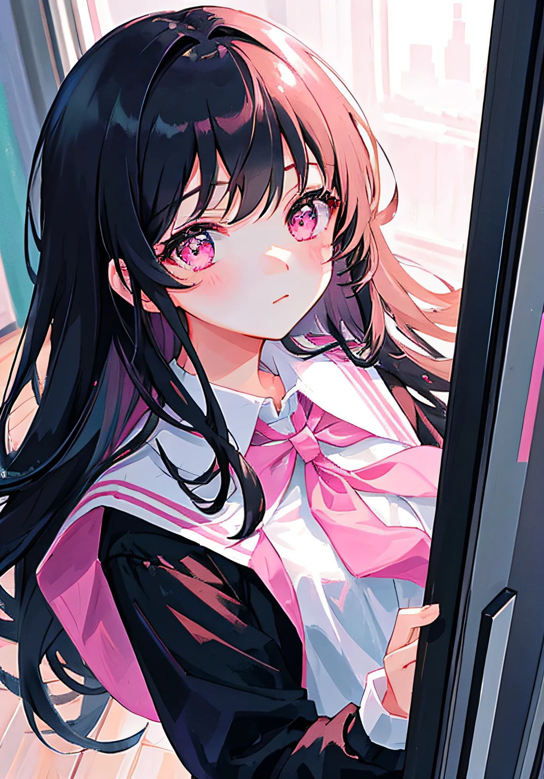 Masterpiece, Best quality, Ultra-detailed, illustration, Portrait, 1girll, black_Hair, Pink eyes,  Long hair,  school uniform,