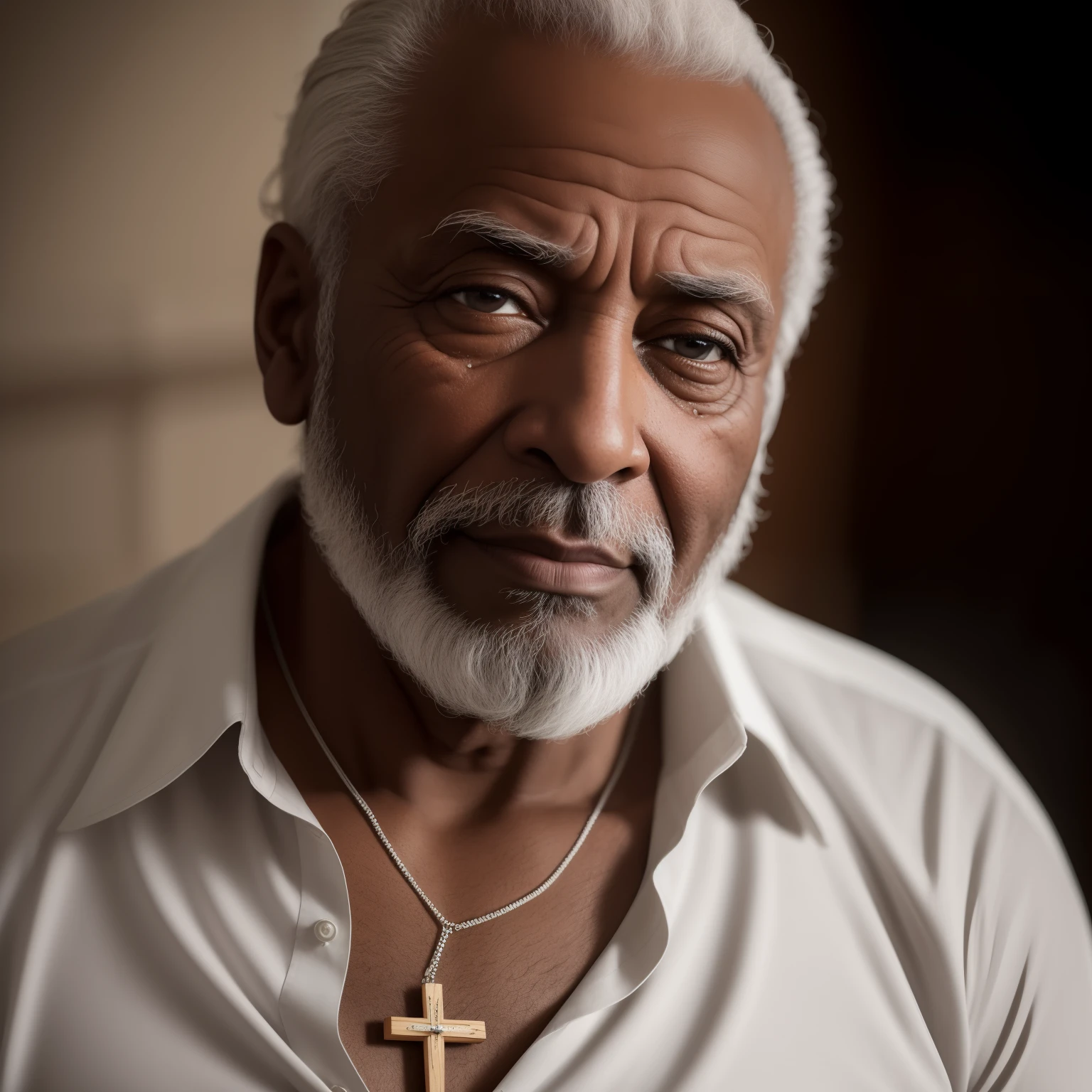 Crie a imagem um homem sexo masculino velho afrodescendente, extremamente perfeito, hiperrealista com a idade de 90 anos, olhos brilhantes, cansados e triste, pele negra, Extremely wrinkled face with suffering appearance and humble short hair, crespo e grisalho, vestindo camisa simples branca velha e russada, very light white clothing with some tears and hole in the fabric with wooden crucifix necklaces with seeds and medal on the neck, rosto com rugas, hands with five fingers sitting on a small brown wooden bench in one of his hands an access candle. The decoration should be dark old clay wall, com luzes e uma atmosfera intimista e religiosa. dramatic lighting, digital art trending on Artstation 8k HD high definition detailed realistic, circunstanciado, textura da pele, hiper detalhado, textura de pele realista, armadura, melhor qualidade, ultra high-resolution, (fotorrealista:1.4), high resolution, circunstanciado, Foto RAW, sharp re, by Lee Jeffries Nikon D850 film Stock Photography 4 Kodak Portra 400 camera F1.6 lens rich colors hyper realistic lifelike texture dramatic lighting unrealengine trending on artstation cinestill 800,