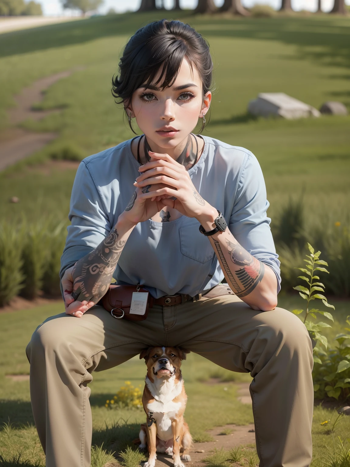 Bag ground change and right hand tattoo and scientific and right side dog