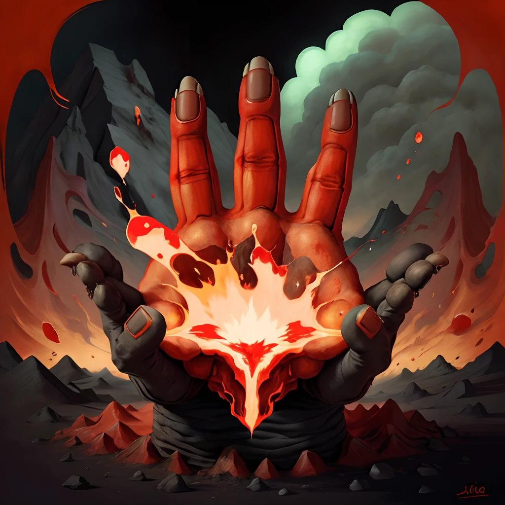 Illustration style, Magma Hand Killer, Hands burning bright red, Scorching magma overflowing from the ground, Magma Texture