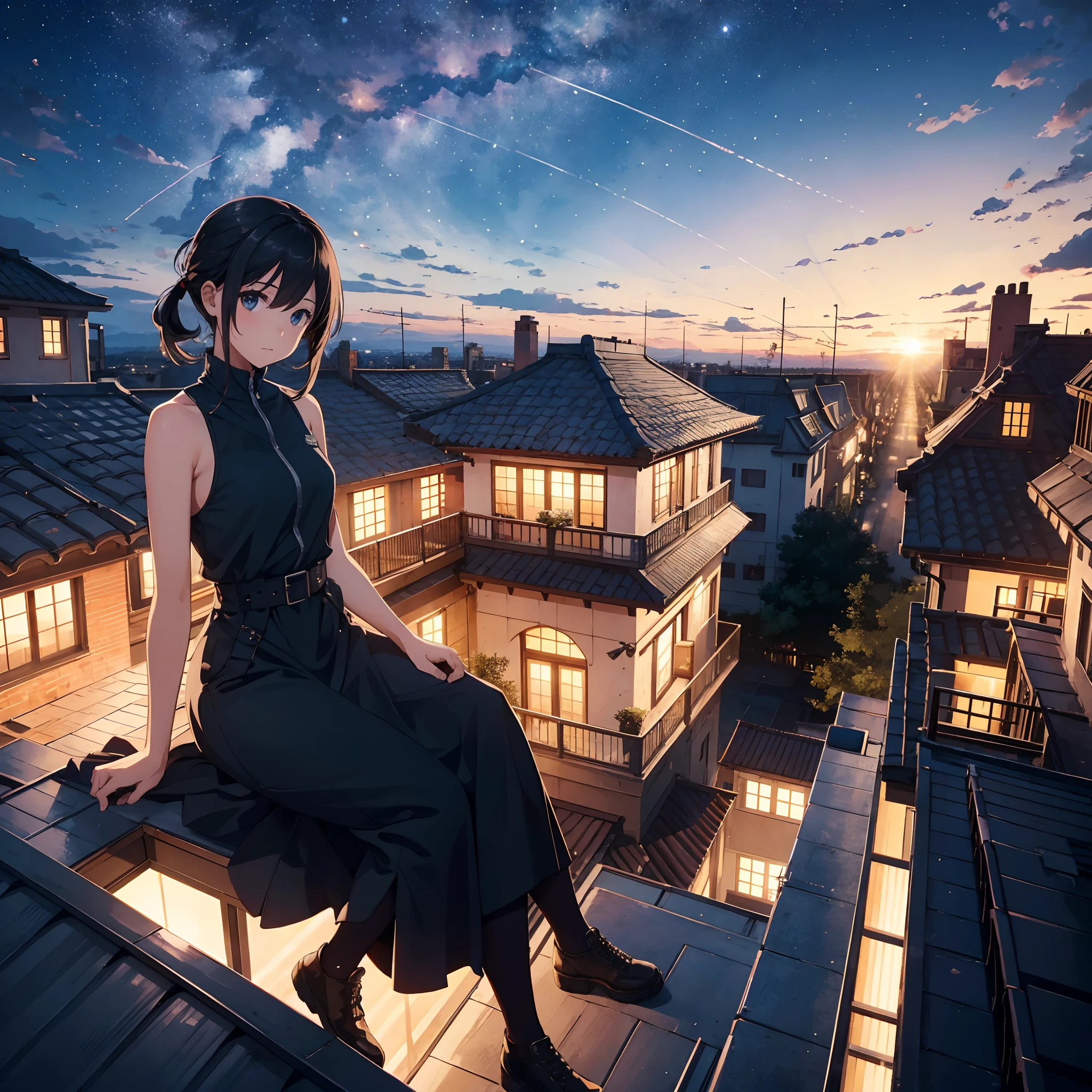 1girll,exteriors,late, starrysky, Panorama of the landscape, horizon, Rooftop, Sit on the rooftop, ventania,Planes flew over the sky