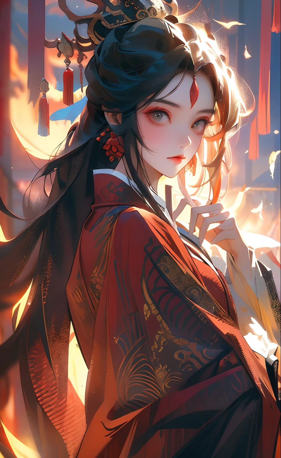 Peerless looks, non blurry，Red eyeshadow，light make-up，Gorgeous damask and silk accessories，Gorgeous feathers and headdresses，Elongated human fingers，had his hands folded，Chinese demon concubine looks，Female fairy，Red sleeves floating，The girl is on the left side of the picture，Full of fairy，In the background is a gorgeous palace，The is very detailed，Ultra-high sharpness，超高分辨率，8K，Ray traching，lightand shade contrast，Picture ratio，9.16