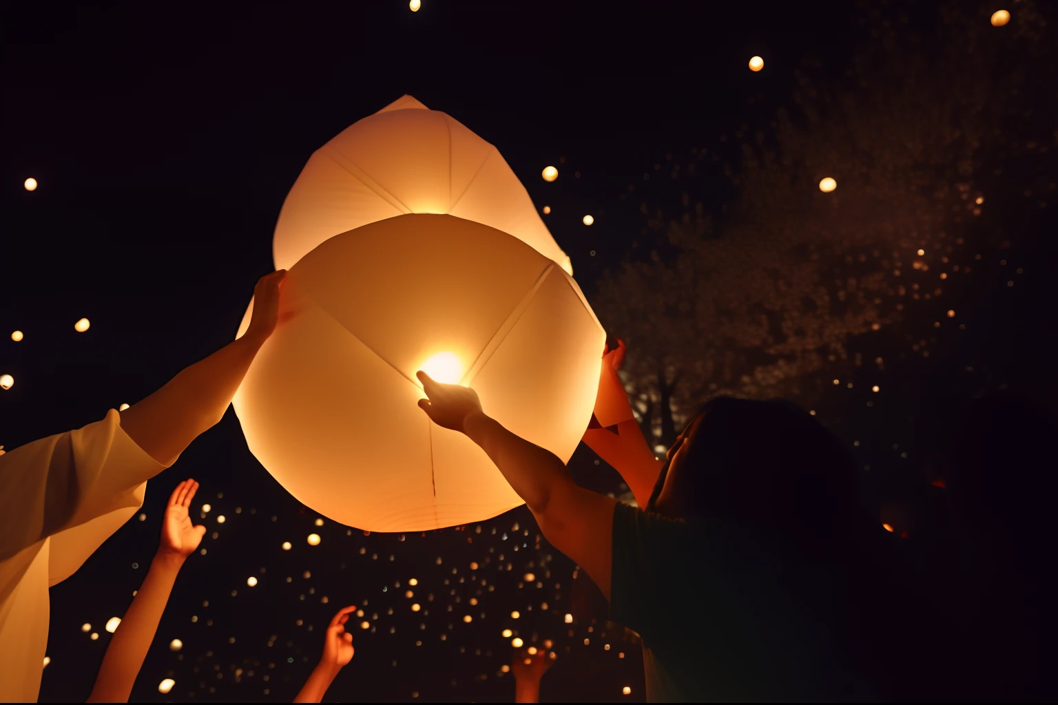 People hold paper lanterns in the air at night, Floating lanterns, kongming lanterns in the sky, Lanterns, holding a lantern, beautifully lit, Chinese lanterns, glowing paper lanterns, Lantern light, light glow, Lights on, with paper lanterns, an amazing photo, glowing lanterns, Magical light, lantern, float under moon light at night, floating chinese lampoons