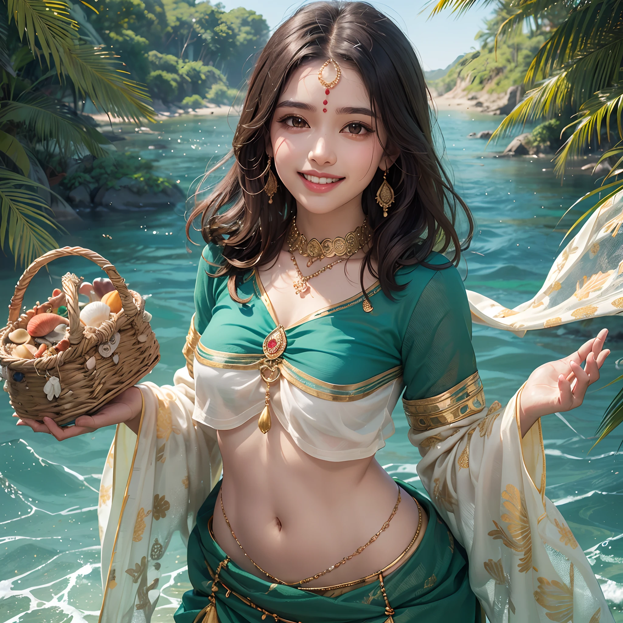 Marathi fisherman girl, wearing U shaped deep neck choli, firm big boobs, deep cleavage visible, colourful choli, wearing green and blue marathi dhoti with golden borders, torso, slender waist, beautiful navel, healthy voluptuous girl, sweat on neck & chest, curvy girl, black-brown hairs, red moon shaped tilak between eyebrows, happy wide smile as happily chatting with friends, beautiful teeth visible while laughing, green bangles in both hands, carrying a basket of fishes, water and sweat drops on waist, on a sea shore, sea on left hand , ambient sun lighting, small gold nose pin in nose, healthy worked out slender waist, hairs tied up, Gajra on hairs, a necklace of sea shells with an ivory pendant in neck, standing in centre, body facing the viewer looking at right side face looking right at little angle, choli tight on chest, no dupatta, big kajal black eyes, wide forehead, worked out neck, collar bone and shoulder frame, golden borders on sleeves