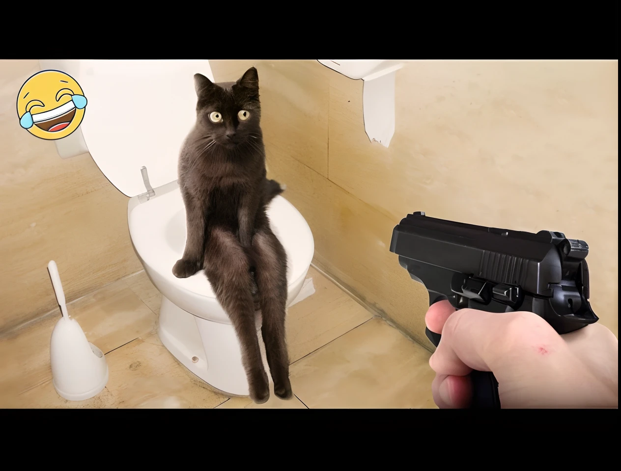 there is a cat sitting on a toilet with a gun in front of it, real-life tom and jerry, cat the assassin, youtube thumbnail, schrodinger's cat, he has a pistol!!, funny cat, ultra realistic!!!, schrodinger cat, ninja cat, cats! are around, !!! cat!!!, armed, realistic!, youtube video