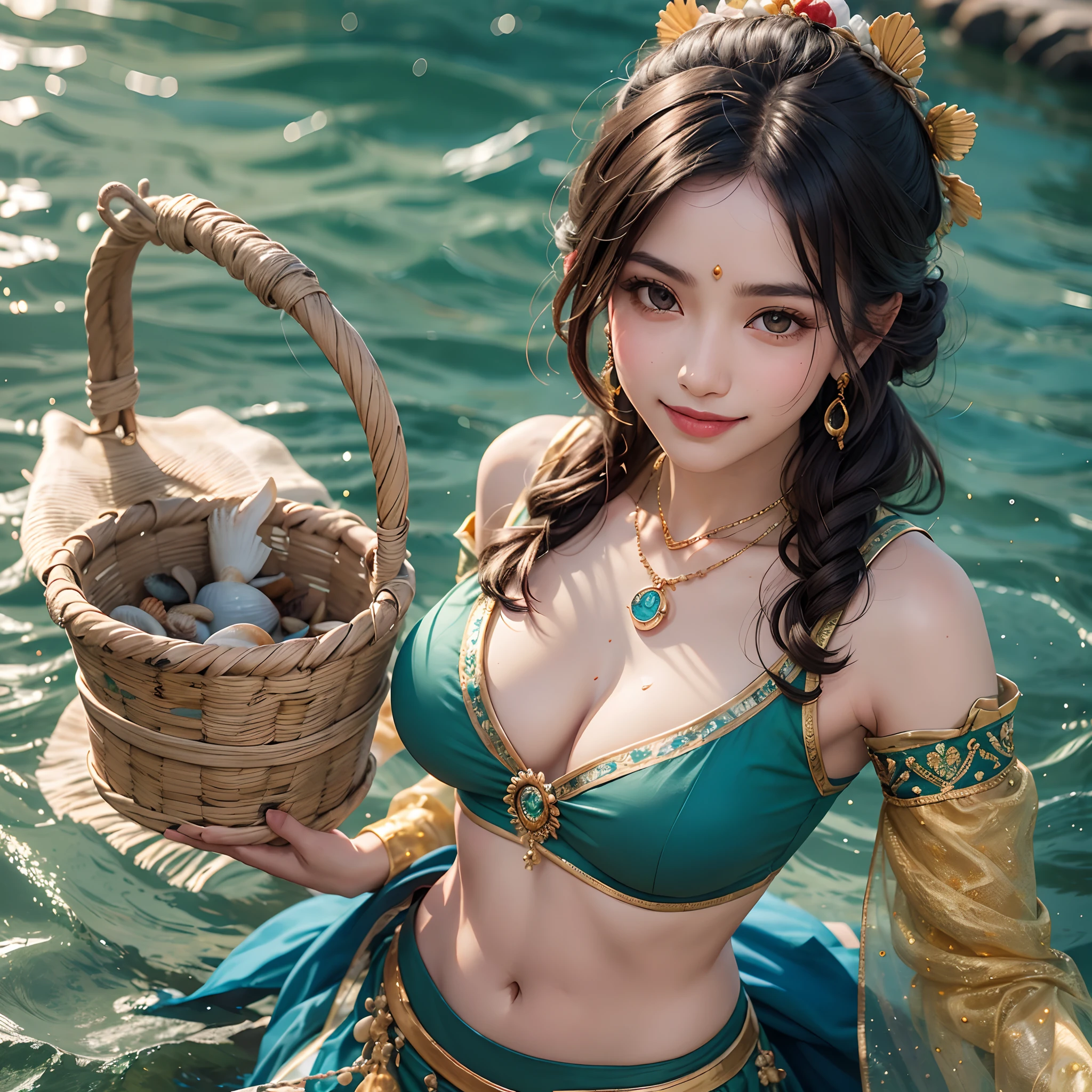 Marathi fisherman girl, wearing U shaped deep neck choli, firm big boobs, deep cleavage visible, colourful choli, wearing green and blue marathi dhoti with golden borders, torso, slender waist, beautiful navel, healthy voluptuous girl, sweat on neck & chest, curvy girl, black-brown hairs, red moon shaped tilak between eyebrows, happy wide smile as happily chatting with friends, beautiful teeth visible while laughing, green bangles in both hands, carrying a basket of fishes, water and sweat drops on waist, on a sea shore, sea on left hand , ambient sun lighting, small gold nose pin in nose, healthy worked out slender waist, hairs tied up, Gajra on hairs, a necklace of sea shells with an ivory pendant in neck, standing in centre, body facing the viewer looking at right side face looking right at little angle, choli tight on chest, no dupatta, big kajal black eyes, wide forehead, worked out neck, collar bone and shoulder frame, golden borders on sleeves