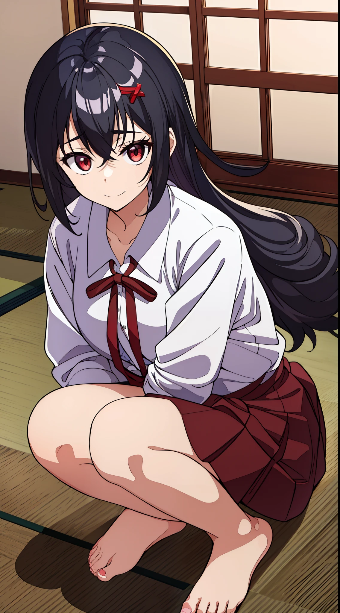 (One teenage girl) with black hair, unkempt hair,,,, messy  hair, red tired eyes, In Japanese school uniform, bare feet. bags under eyes, Lots of eye shadow,, yandere,  Crazy evil smile with teeth, In the background of an ordinary home room