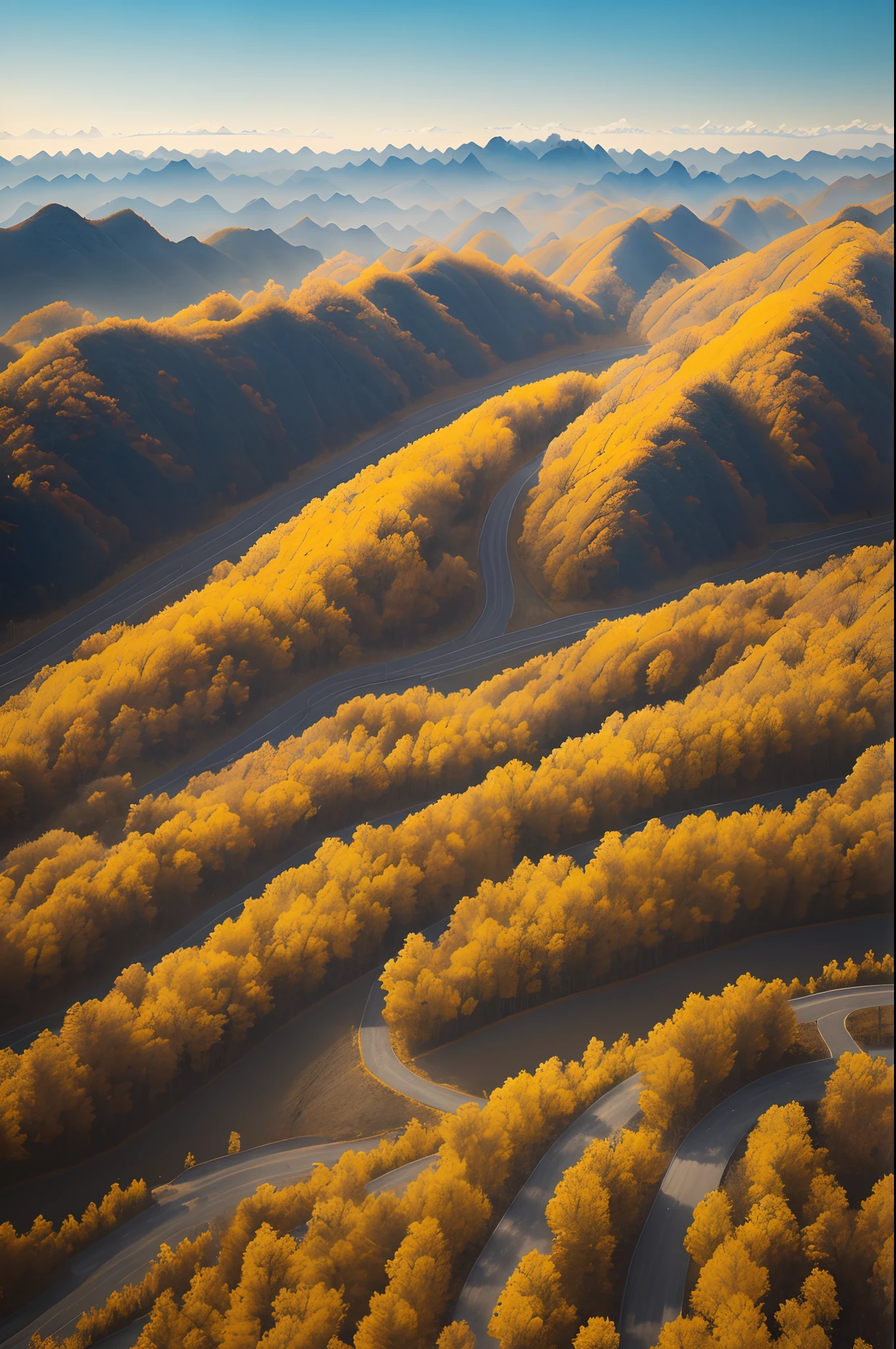 late autumn，Large corn fields，Yellow corn，Deep blue space，Bleak wind，Not too high mountain view in the distance，There is a road stretching out in front of the vision to the distant mountain manga