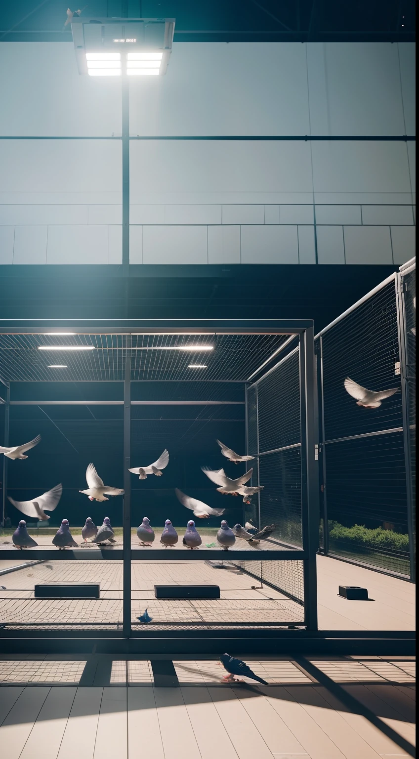 Generate an image showcasing a group of pigeons being trained in a controlled environment for "Project Pigeon." Show pigeons in cages or on perches, with screens displaying target images, and scientists observing their behavior, epic, realistic, 8k