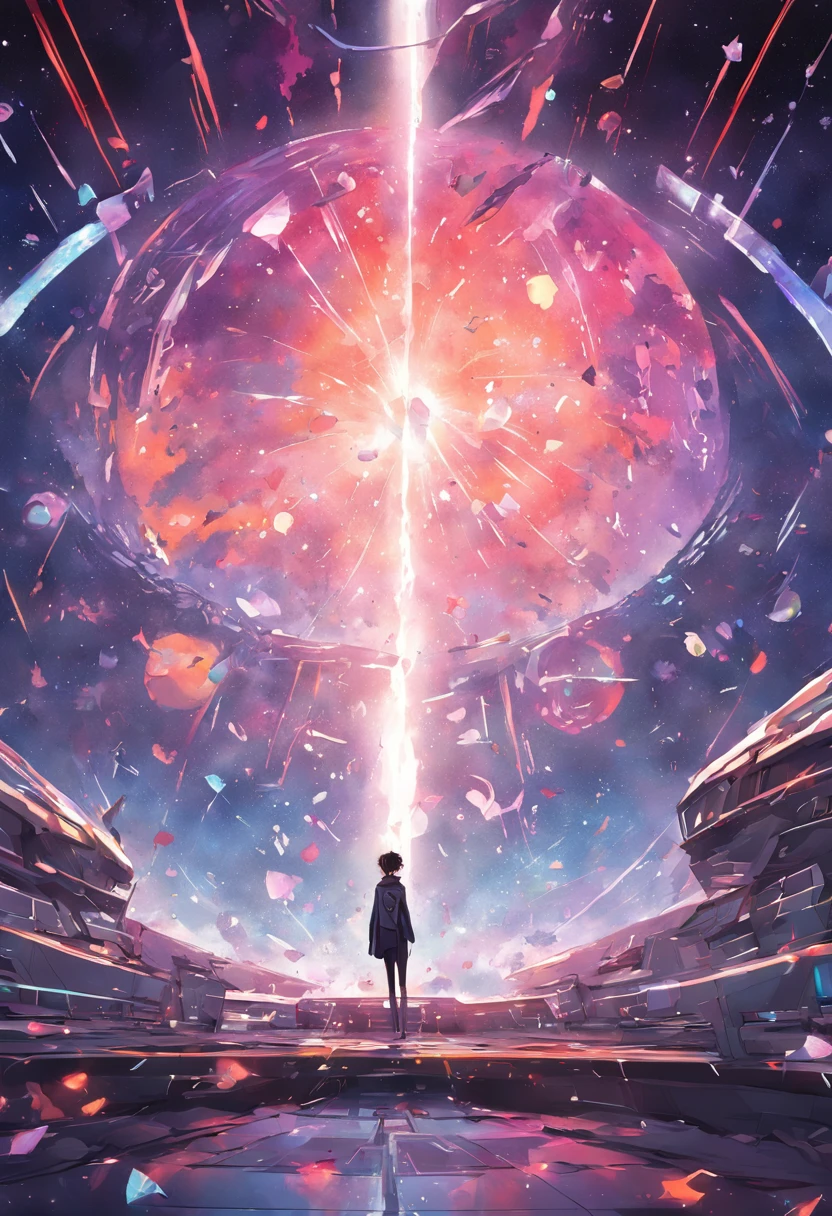 Colorful futuristic space illustration,There is a planet in the middle, A beautiful artwork illustration, Science-fi digital art illustration, Watercolor tiles, a young mand standing, black hair, black jacket, amazing skies.