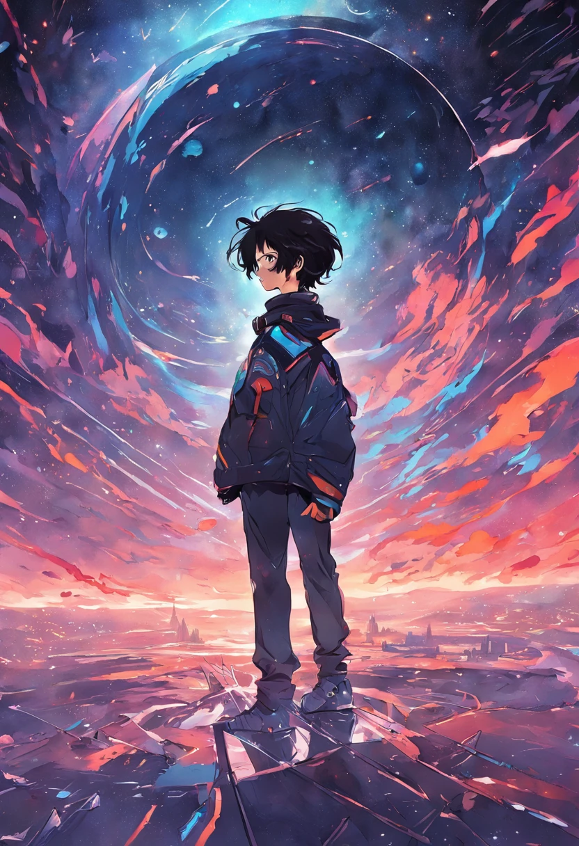 Colorful futuristic space illustration,There is a planet in the middle, A beautiful artwork illustration, Science-fi digital art illustration, Watercolor tiles, a young mand standing, black hair, black jacket, amazing skies.