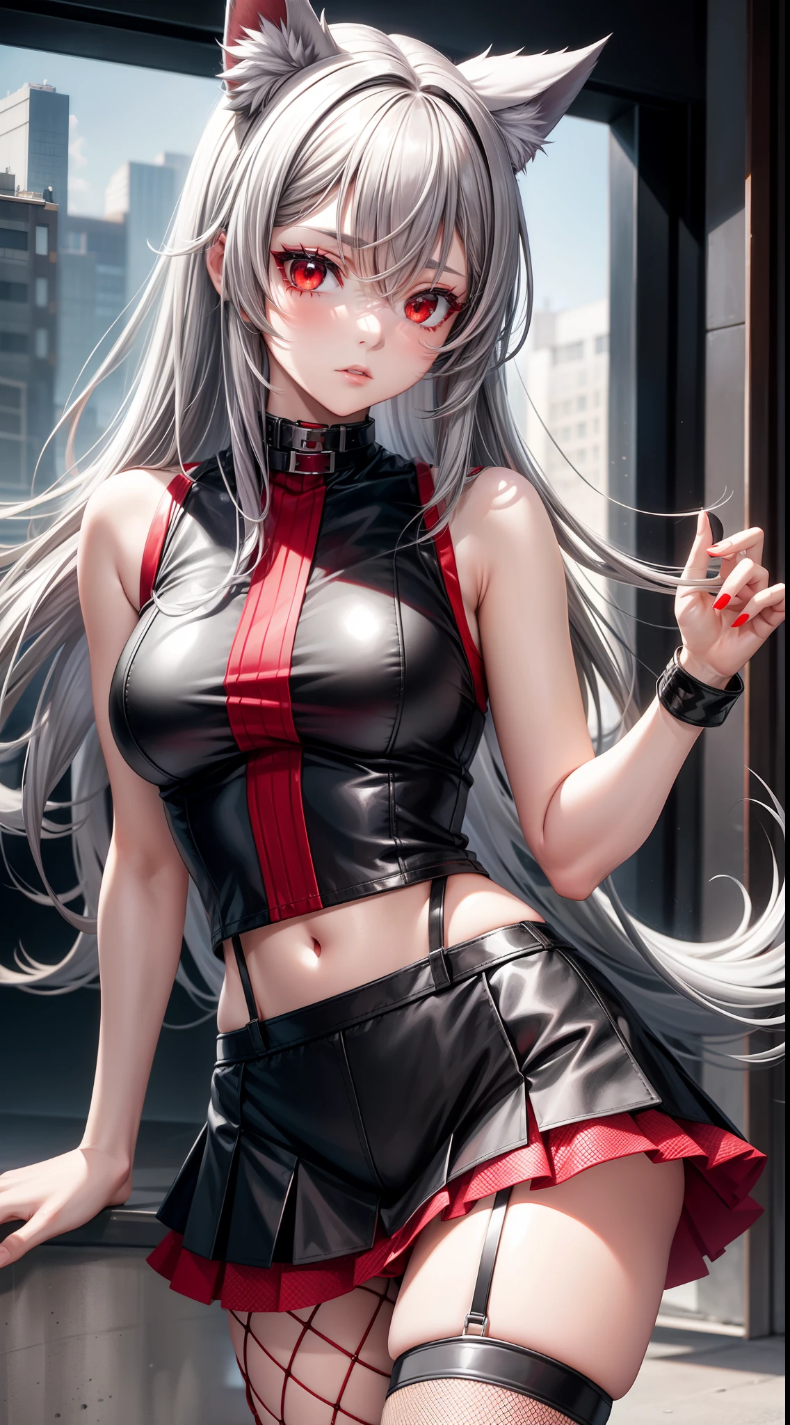 adult girl, Gray hair of medium length, red eyes, wolf ears, Red tight top, Sleeveless, fishnet tights, leather skirt, Masterpiece, hiquality
