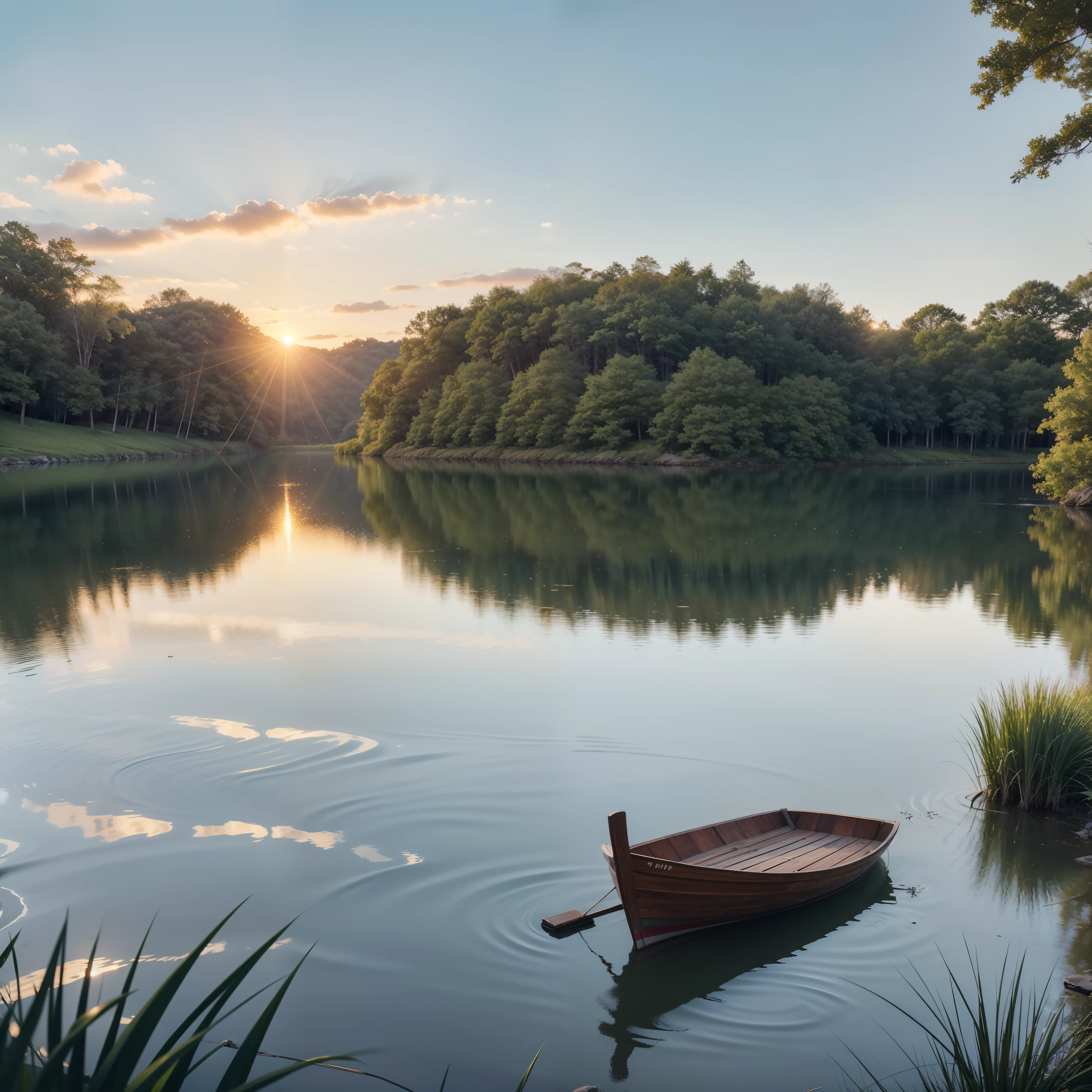 "Capture the serenity of a vintage era by painting a scene at sunset by a big lake. The sun's warm glow dances on the shimmering lake water, illuminating the tranquil setting. Long grass gently sways in the breeze beside the water, adding to the sense of calm. Focus on the intricate details of the water's reflection and the nostalgic charm of the surroundings."