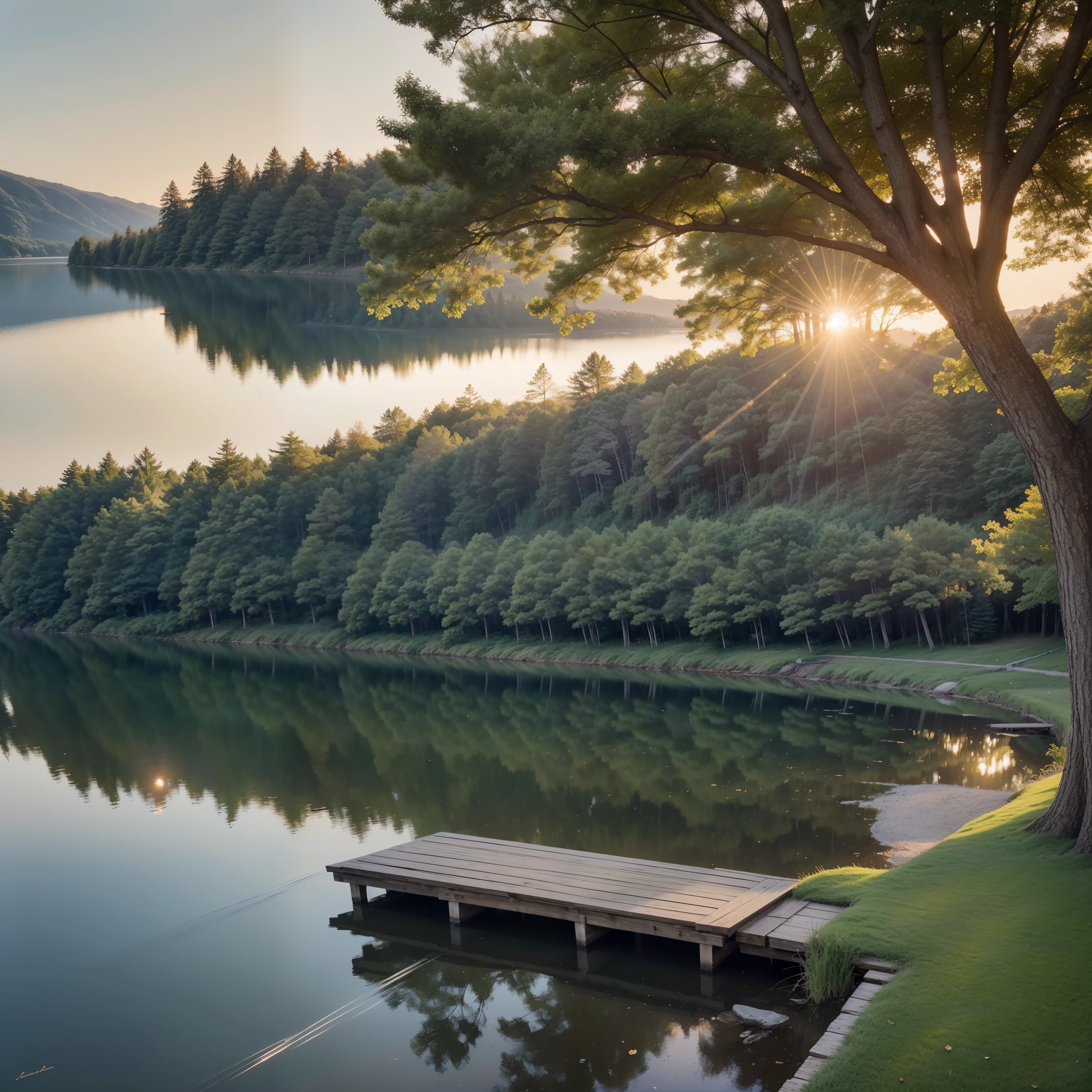 "Capture the serenity of a vintage era by painting a scene at sunset by a big lake. The sun's warm glow dances on the shimmering lake water, illuminating the tranquil setting. Long grass gently sways in the breeze beside the water, adding to the sense of calm. Focus on the intricate details of the water's reflection and the nostalgic charm of the surroundings."