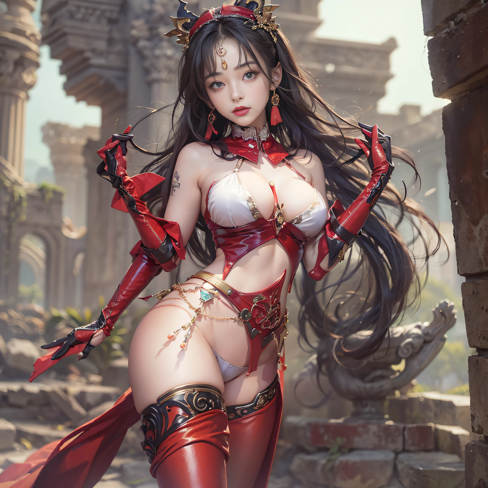 ((masterpiece:1.4)、(top-quality:1.4)、(reallistic:1.7))、a beauty girl、Super sexy girl、Super beautiful girl、((1girl in:1.4))、Shiny natural skin texture、Glossy luxury latex、Luxury Latex Bodysuit、Very revealing sexy outfits、By Luis Royo、age19、Super Ultra Ultra Bikini、Cute tattoos、(standingn)、(full body Esbian:1.4)、(Looking Back Beauty:1.4)、(Two arms:1.4、Two legs:1.4)、(perfect anatomia:1.4)、(Perfect female body:1.4)、Portrait photo of a girl、Soft front light、beautiful countenance、kawaii faces、Beautiful udder、Colossal tits、Beautiful ass、A detailed eye、Draw eyes clearly and beautifully、beautidful eyes、Narrow waist、Raw photo、red-lips、Red high heels、Cute Hair Ornament、a choker、a necklace、耳Nipple Ring、1 screen display、Beautiful girl standing on the ruins of an ancient city