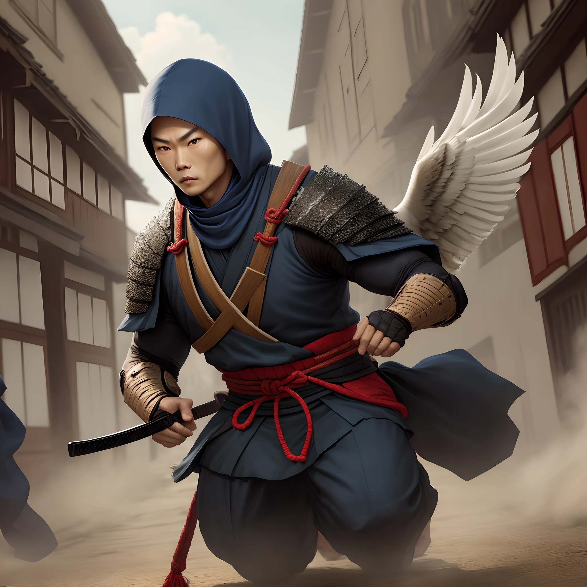 samurai ninja assassin in the village holding eagle