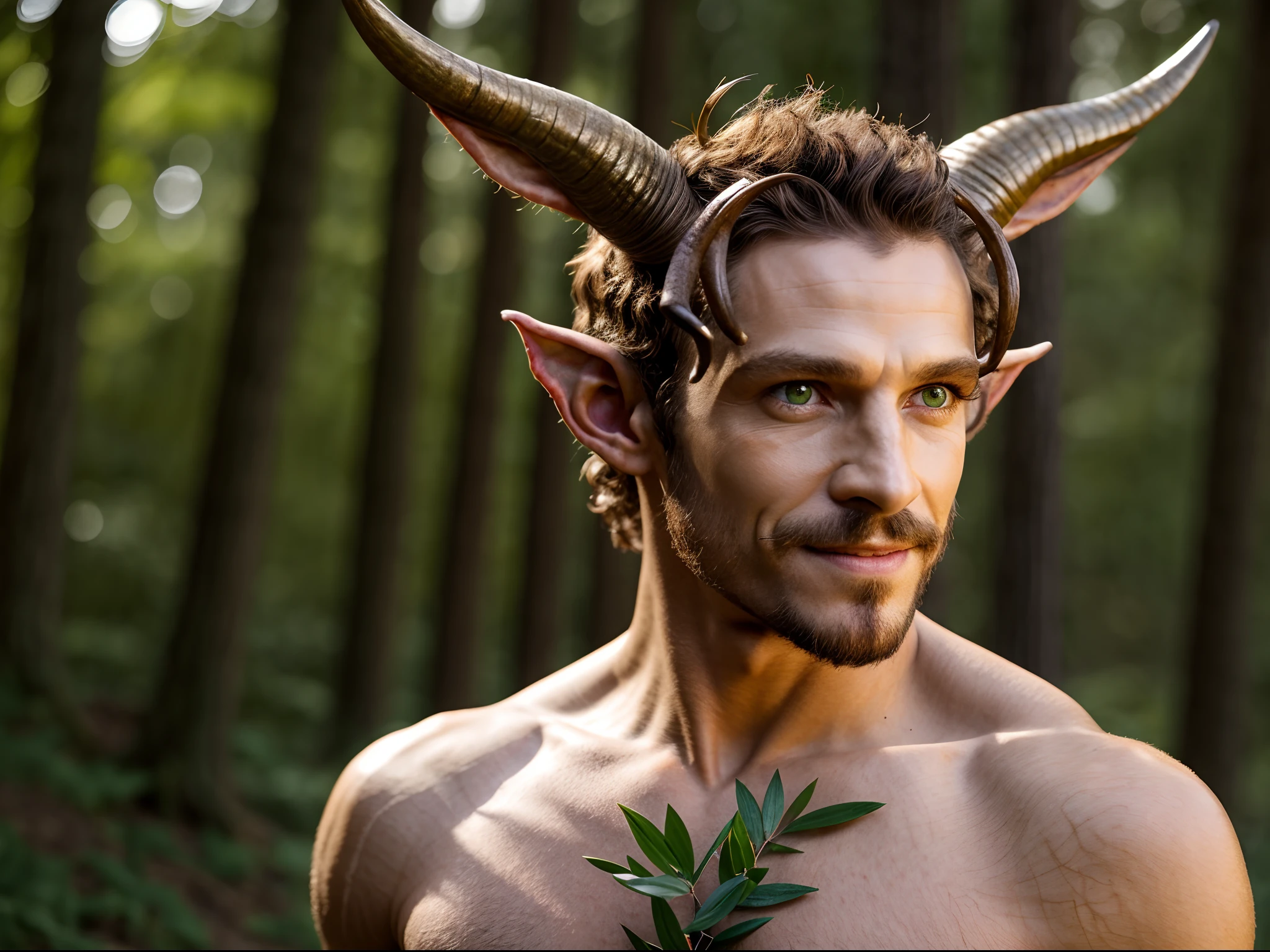 Handsome Faun, headshot, (Faun man, bright hazel green eyes), (curly fade haircut:1.14), (sunburned skin, 5 o'clock shadow) ((smirking, buff)), detailed face, detailed iris, horns, full lips, ((cute, wearing fantasy Faun clothes)), ((echanting forest background)), intricate details, studio lighting, 80mm, portrait, shallow depth of field, CEO, smirking, half-smiling