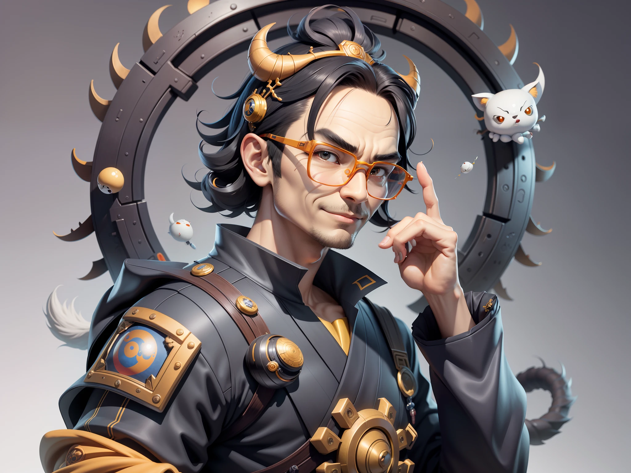 (Masterpiece), (Excellent), (Super Meticulous), (Full Body: 1.2), Super Young Man with Japanese Female Geisha, Pretty, Beautiful, Chinese Dragon, Tiger, Wind God Thor, Sexy, Bursting, Oriental Face, TV Anchor, Bust Portrait Illustration, Black Suit, Blue Tie, Slightly Chubby Face, Silver Glasses, Very Clean Face, No Beard on Chin, Black Super Short Hair, Black Eyes, Confident Smile, 3c Computer Sub-Products, iPad, iPhone, Digital Painting, 3D character design by Mark Clairedon and Pixar and Hayao Miyazaki and Akira Toriyama, the illustrations are HD illustrations in 4K resolution with highly detailed facial features and cartoon-style visuals.
