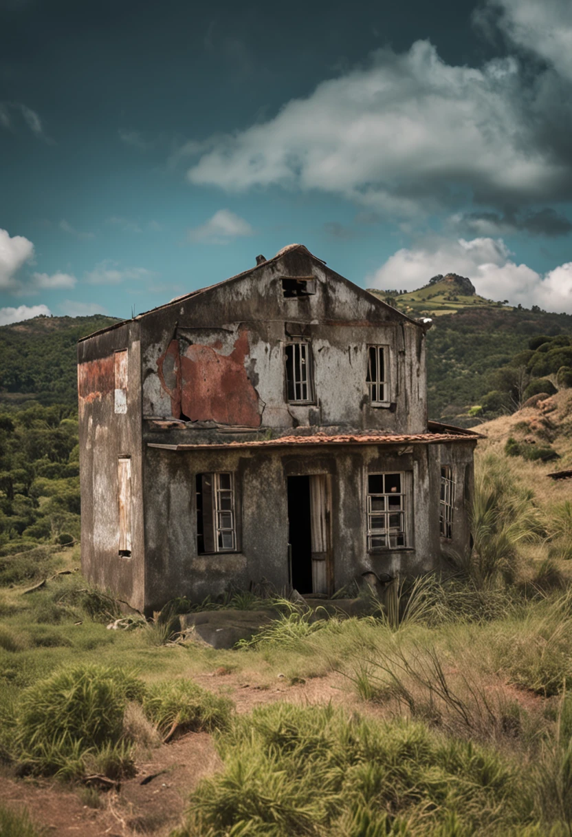 uma velha casa de madeira sentada em um campo com uma montanha ao fundo, casa abandonada, Dilapidated house, casa abandonada velha, casa velha, um velho abandonado, casa abandonada, Casa de campo abandonada, dilapidated houses, abandonado, olhar dilapidado, dilapidado, abandoned buildings, estruturas abandonadas, old abandoned building