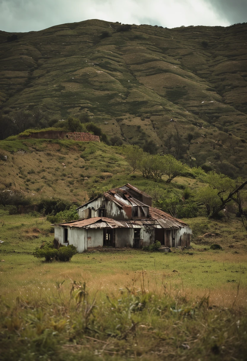 uma velha casa de madeira sentada em um campo com uma montanha ao fundo, casa abandonada, Dilapidated house, casa abandonada velha, casa velha, um velho abandonado, casa abandonada, Casa de campo abandonada, dilapidated houses, abandonado, olhar dilapidado, dilapidado, abandoned buildings, estruturas abandonadas, old abandoned building