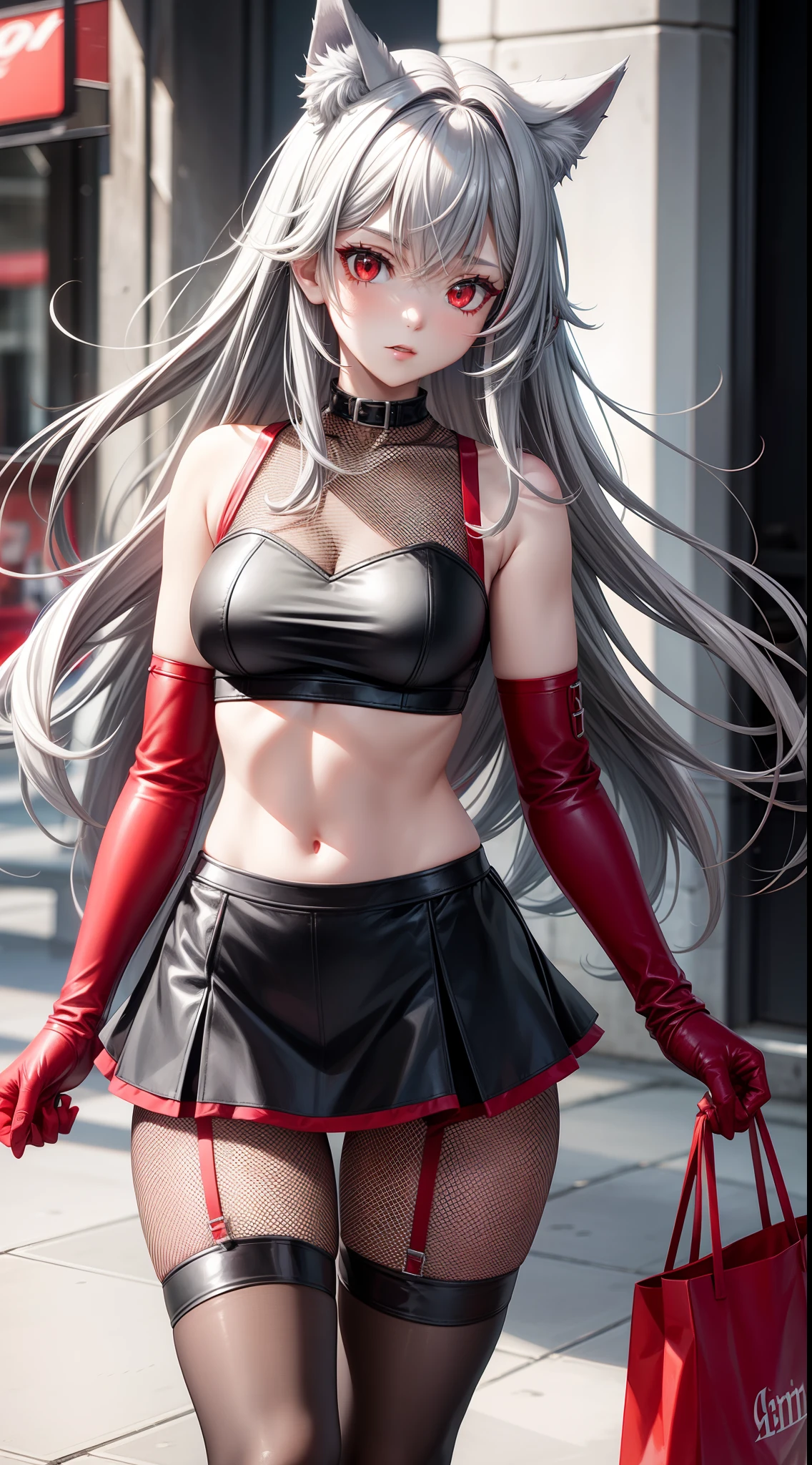 adult girl, Gray hair of medium length, red eyes, wolf ears, Red tight top, Sleeveless, fishnet tights, leather skirt, Masterpiece, hiquality