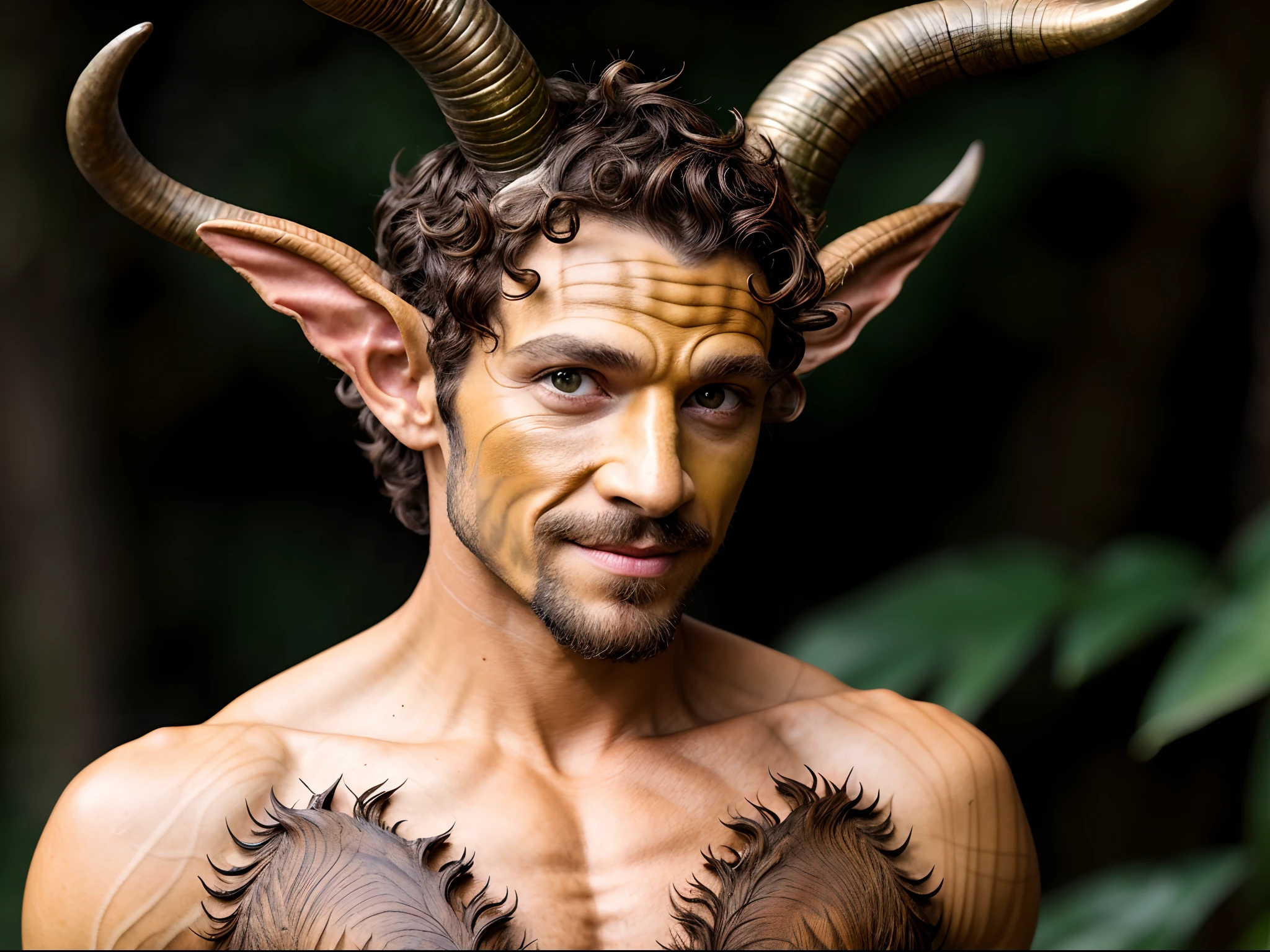 Handsome Faun, headshot, (Faun man, bright hazel green eyes), (curly fade haircut:1.14), (sunburned skin, 5 o'clock shadow) ((smirking, buff)), detailed face, detailed iris, horns, full lips, ((cute, wearing fantasy Faun clothes)), ((echanting forest background)), intricate details, studio lighting, 80mm, portrait, shallow depth of field, CEO, smirking, half-smiling