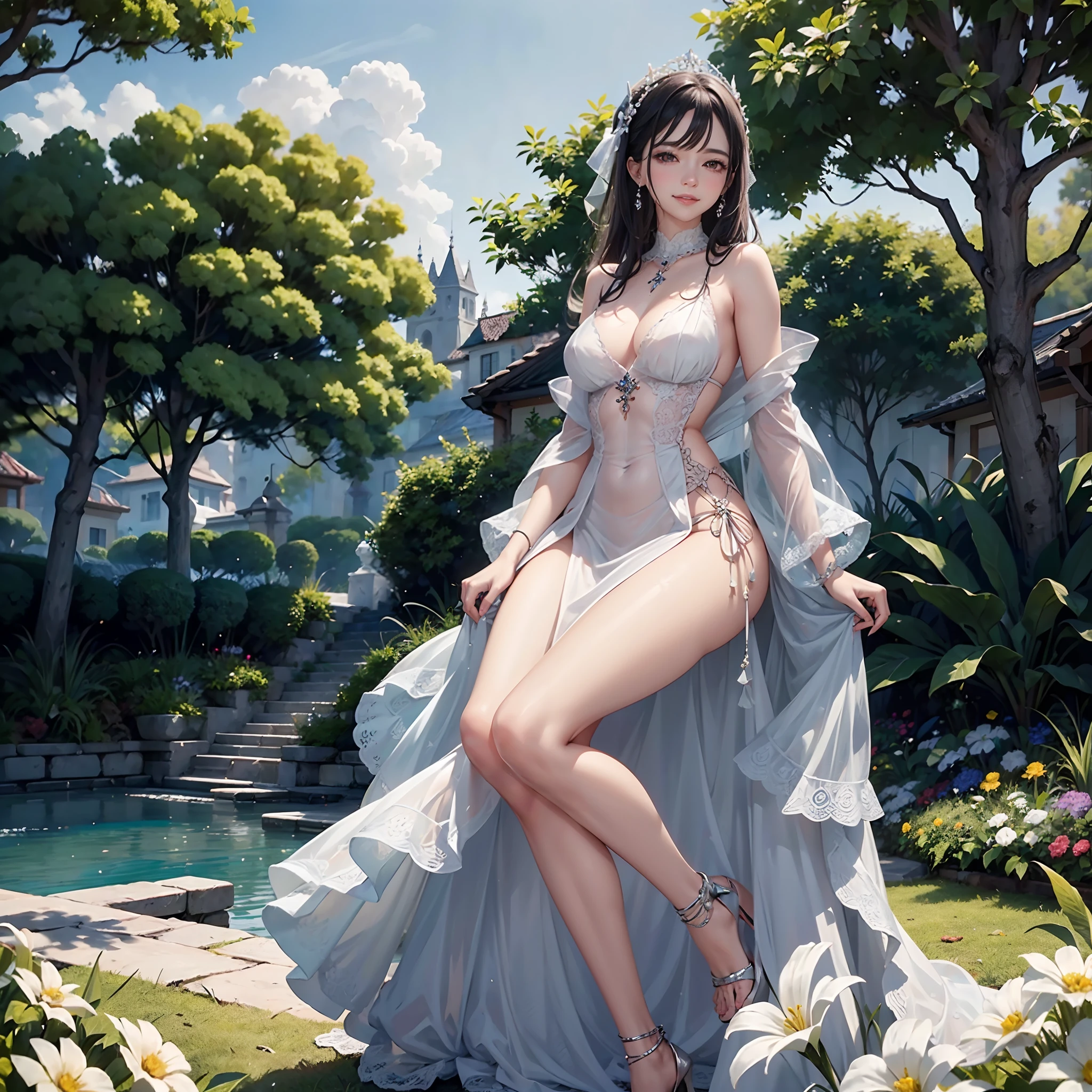 (obra maestra) (La mejor calidad) Una hermosa mujer vestida de blanco con una corona de hojas doradas en la cabeza. She is in a beautiful garden standing in front of the camera with a beautiful smile in a natural pose......... movie quality