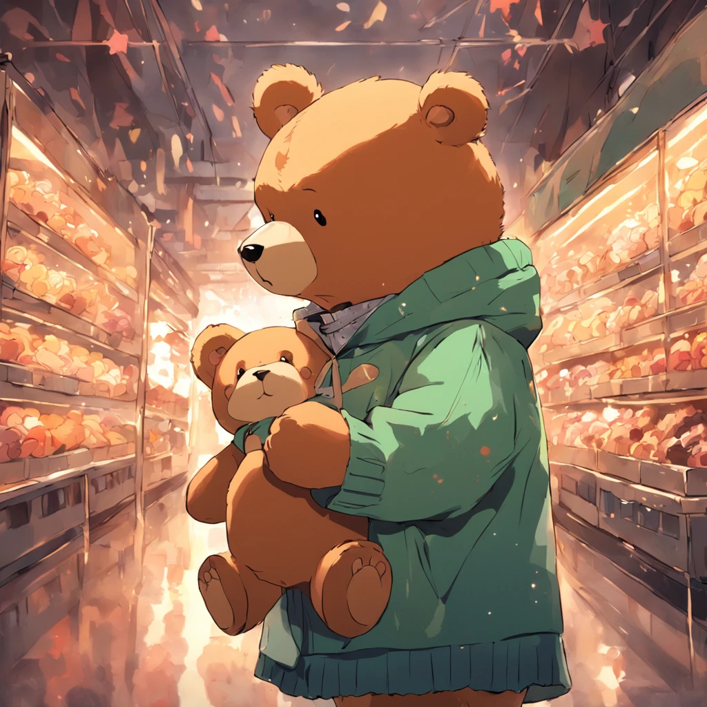 Use the teddy bear photo in the green sweater and draw a similuar cute teddy bear like this in a toy store full of toys. storybook illustration. Colorful.
