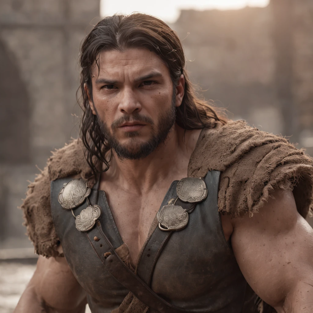 analog film photo, photo of a fantasy barbarian, 25 years old, male, brown eyes, short dark curls, tan complexion, soft facial features, medium height, broad shoulders, stocky physique, slightly chubby,  lots of body hair, wearing a tunic and hose, walking through a scorched battlefield, resembles Dean Cain, RAW Photograph, dslr, soft lighting, high quality, film grain, Fujifilm XT3, detailed skin with visible pores, insane details, masterpiece, 8k, 35mm photograph, dslr, kodachrome, faded film, desaturated, grainy, vintage, Lomography, stained, highly detailed, found footage, full-body shot