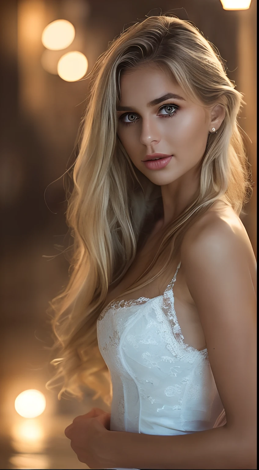 Raw photo, 20 years girl、Sexy Cute、perfectly proportions、Skeletal best、masutepiece、hight resolution、Farbe々Color、off shoulders、Cream Mini Dress(Fluffy and windy)、Large cleavage、Portrait of a beautiful Italian girl (High detailed skin:1.2), Night view of Naples、Sunset over Naples、romantic、smil、Smiling here、embarrassed from、The Italian beauty of the world、Silvia Mazzieri、a blond、 Digital SLR, Soft lighting, High quality, FujifilmXT3、Film Lighting、Dramatic、Get breathtaking views of the city of Naples、Sit in a sea café in Naples、Golden wavy hair flutters all over her body、A slight smil、Big breasts、European、Sexy and dramatic
