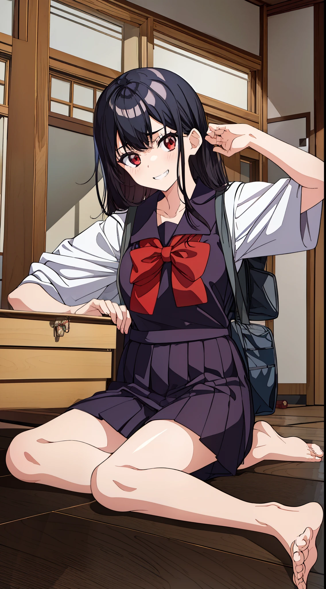 (One teenage girl) with black hair, unkempt hair,,,, messy  hair, red tired eyes, In Japanese school uniform, bare feet. bags under eyes, Lots of eye shadow,, yandere,  Crazy evil smile with teeth, In the background of an ordinary home room