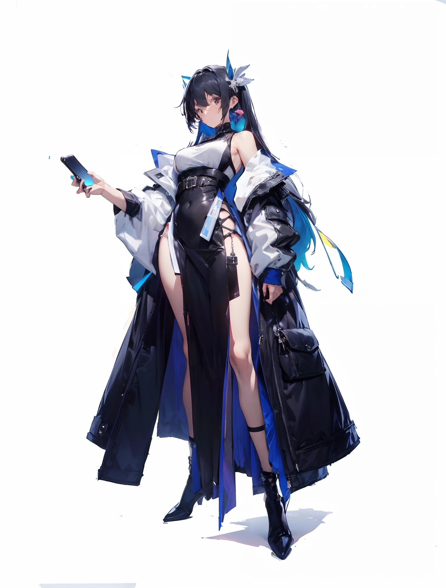 tmasterpiece, best qualityer, 1个Giant Breast Girl,(brunette color hair,colorfulhair:0.9), Wear a nice miniskirt,Very thin clothes, cute smiling,Leaking out of both shoulders,(Simple draft:1.3),(All body,standing on your feet:0.9),Black leather shoes,White socks,Transparent coat,Back it