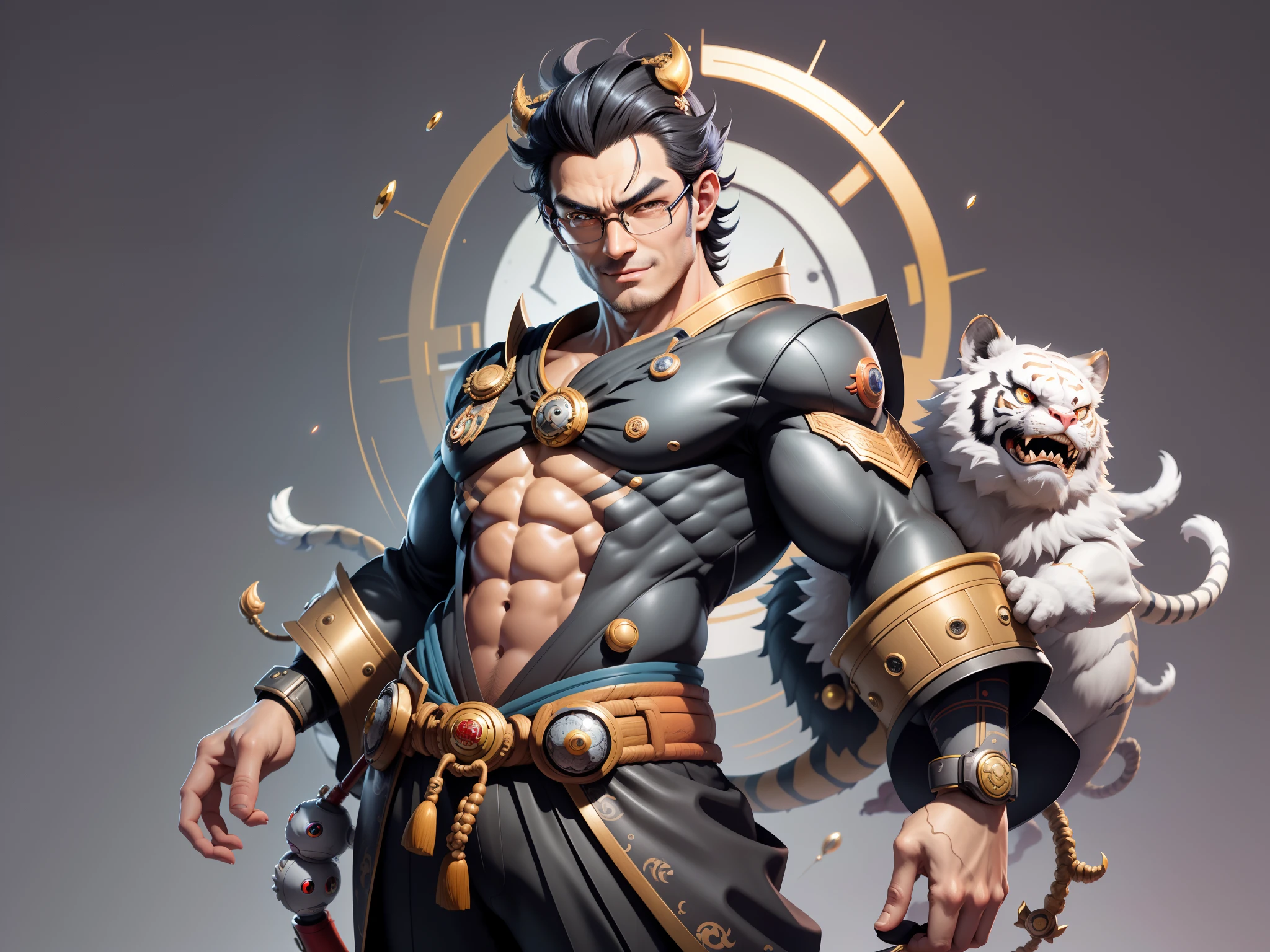 (Masterpiece), (Excellent), (Super Meticulous), (Full Body: 1.2), Super Young Man with Japanese Female Geisha, Pretty, Beautiful, Chinese Dragon, Tiger, Wind God Thor, Sexy, Bursting, Oriental Face, TV Anchor, Bust Portrait Illustration, Black Suit, Blue Tie, Slightly Chubby Face, Silver Glasses, Very Clean Face, No Beard on Chin, Black Super Short Hair, Black Eyes, Confident Smile, 3c Computer Sub-Products, iPad, iPhone, Digital Painting, 3D character design by Mark Clairedon and Pixar and Hayao Miyazaki and Akira Toriyama, the illustrations are HD illustrations in 4K resolution with highly detailed facial features and cartoon-style visuals.