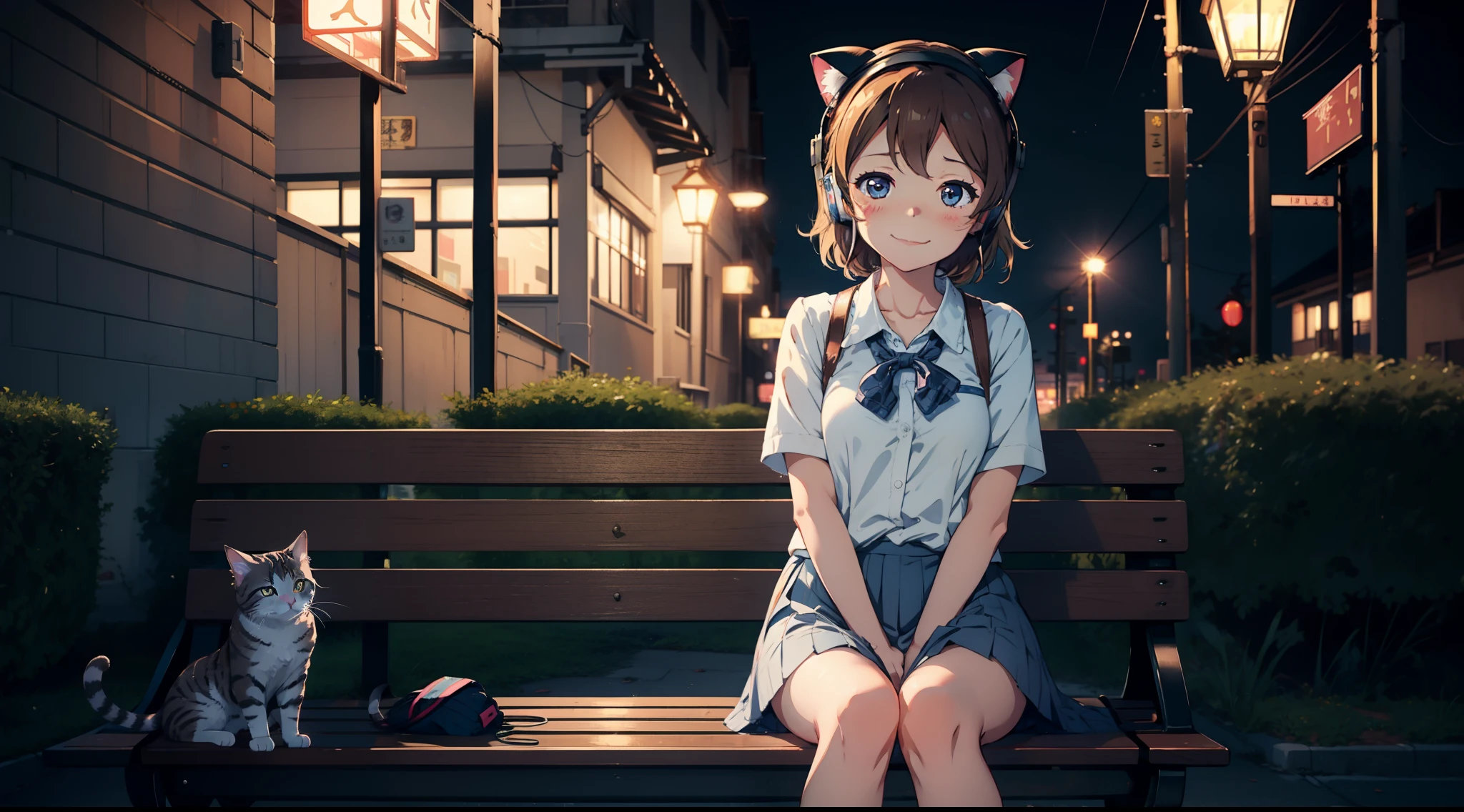 cat headset, Watanabe You \(lovelive\), [smile], blush, , masterpiece, best quality, perfect lighting, 1girl, skirt, school uniform, night background, ocean, streetlight, sitting bench