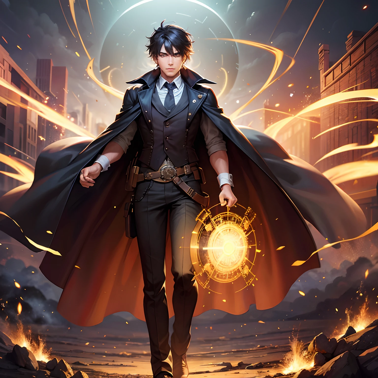 A time traveler emerges from a steampunk-style time machine, surrounded by a cloud of smoke and sparks, digital art