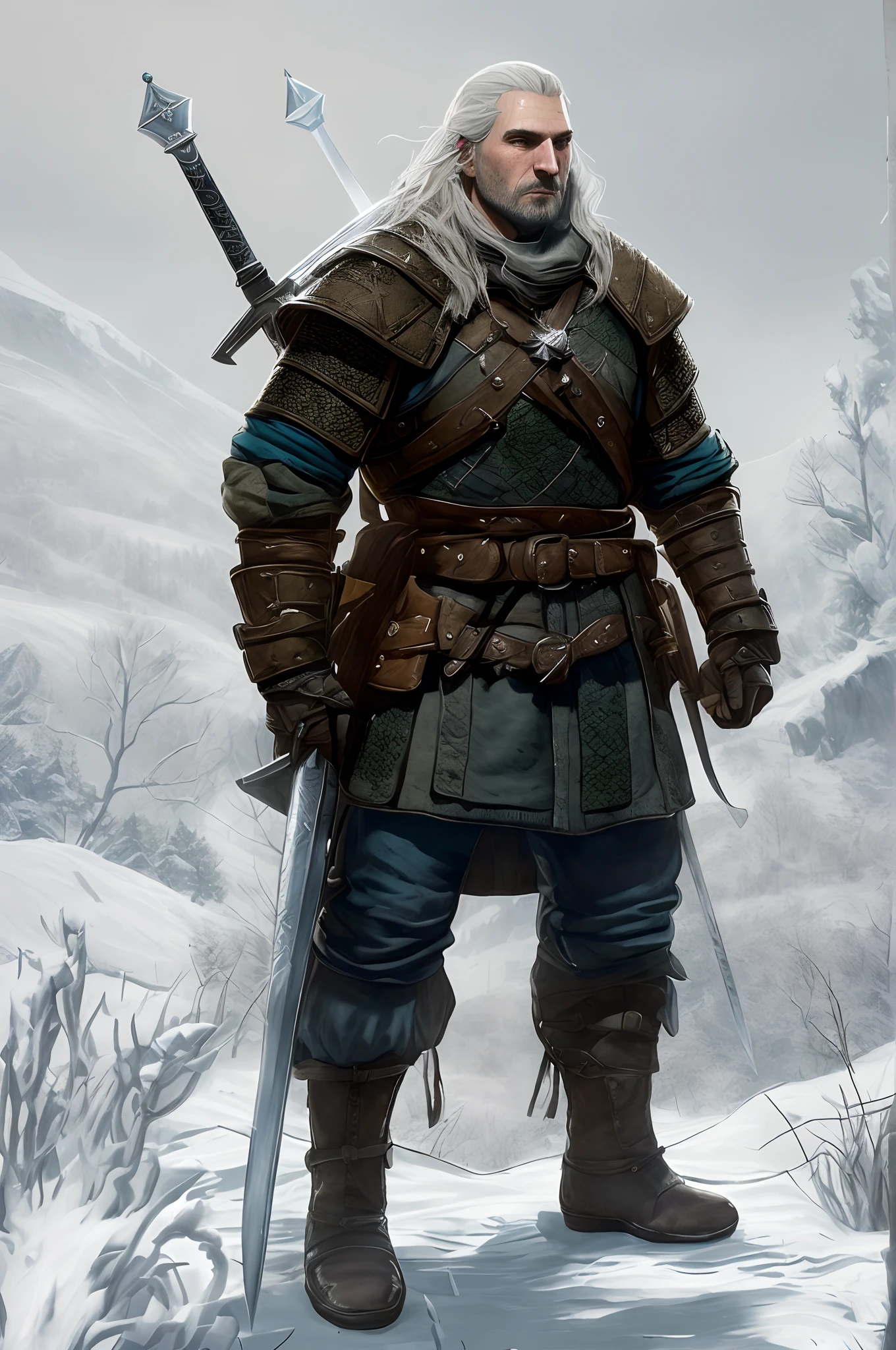Arafed image of a man with a sword standing in the snow, Arte conceitual de The Witcher, Witcher)), para arte conceitual de personagem de honra, de Witcher (2021), Mario como The Witcher, Witcher, Geralt de Rivia, Vigo, the Carpathian, Amazing 8K character concept art, inspired by Sándor Bihari, Geralt (disambiguation)