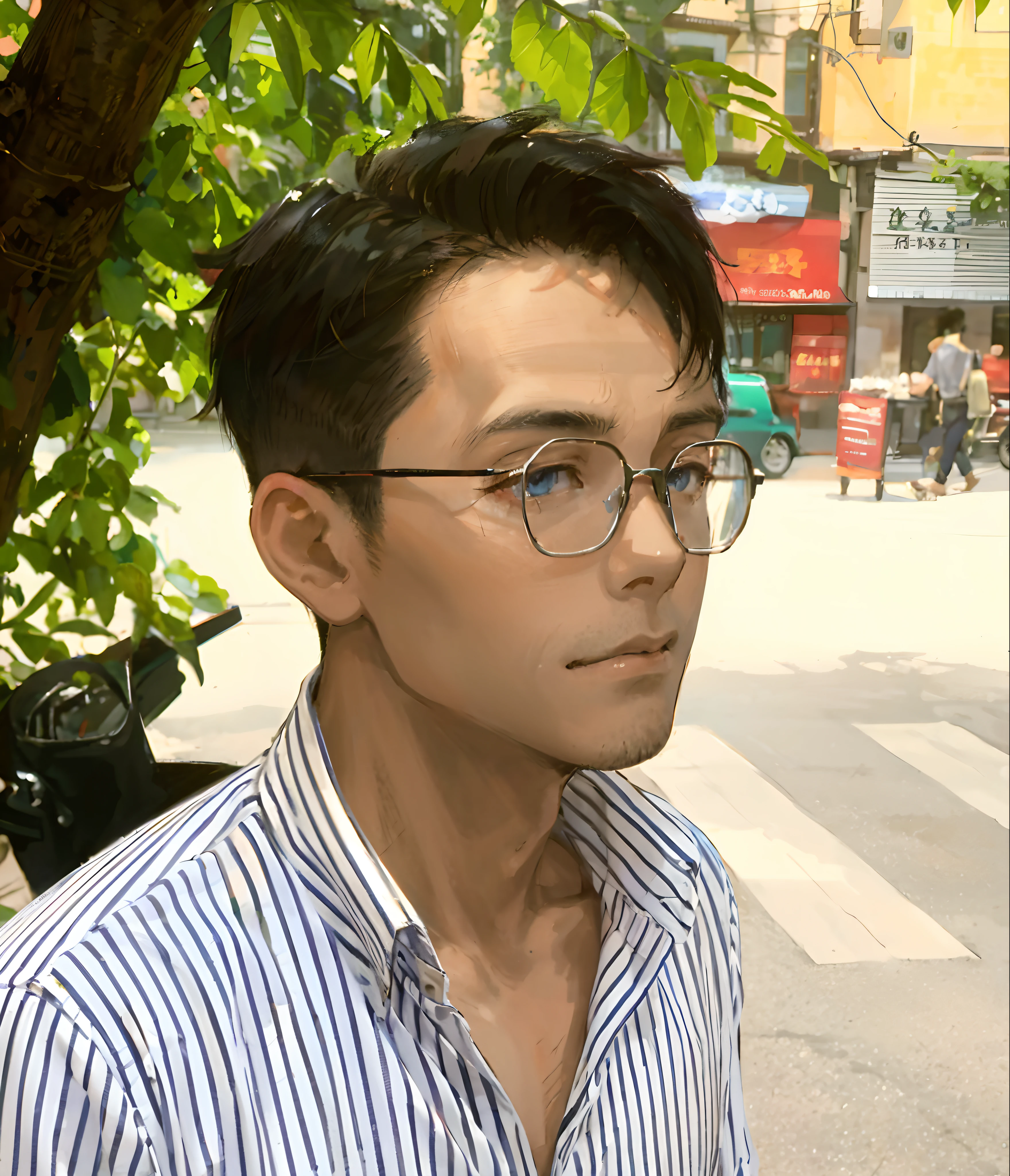 1boy, apple, bag, bangs, berry, black hair, black shirt, blue eyes, hair between eyes, jewelry, leaf, looking at viewer, male focus, necklace, pants, shirt, solo, watch, white pants, wristwatch, messy hair, trending on artstation, 8k resolution, highly detailed, anatomically correct, sharp image, digital painting, concept art, trending on pixiv, style of makoto shinkai,