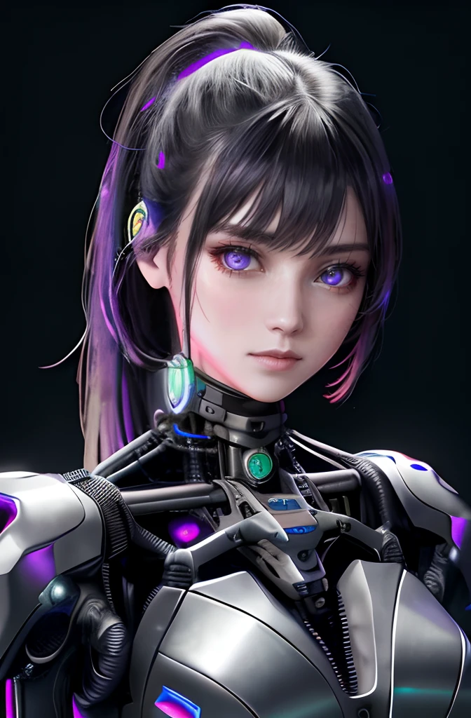 1 mechanical girl、((Super realistic details))、porate、globalillumination、black shadows、octan render、8K、ultrasharp、metals、Details of complex ornaments、cool colours、Gothloli details、highly intricate detail、Realistic light、CGSoation trends、a purple eye、Radiant eyes、Facing the camera、neon light detail、Mechanical limbs、blood vessels attached to the tube、Mechanical vertebrae attached to the back、mechanical cervical attaching to neck、Full body photo、wires and cables connecting to head、The background is a cyberpunk space、