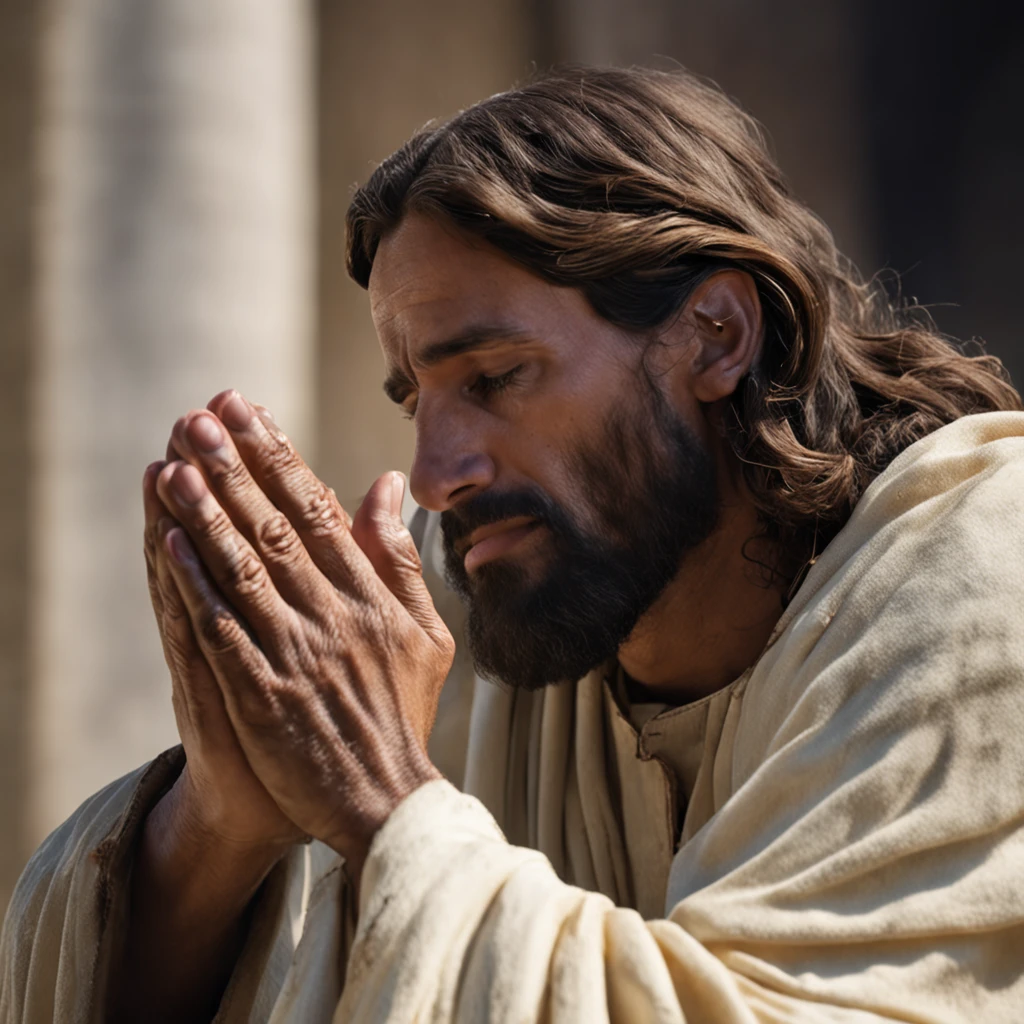 "Gerar uma imagem de Jesus no perfil, captured in a moment of deep prayer, with hands gently clasped together."
