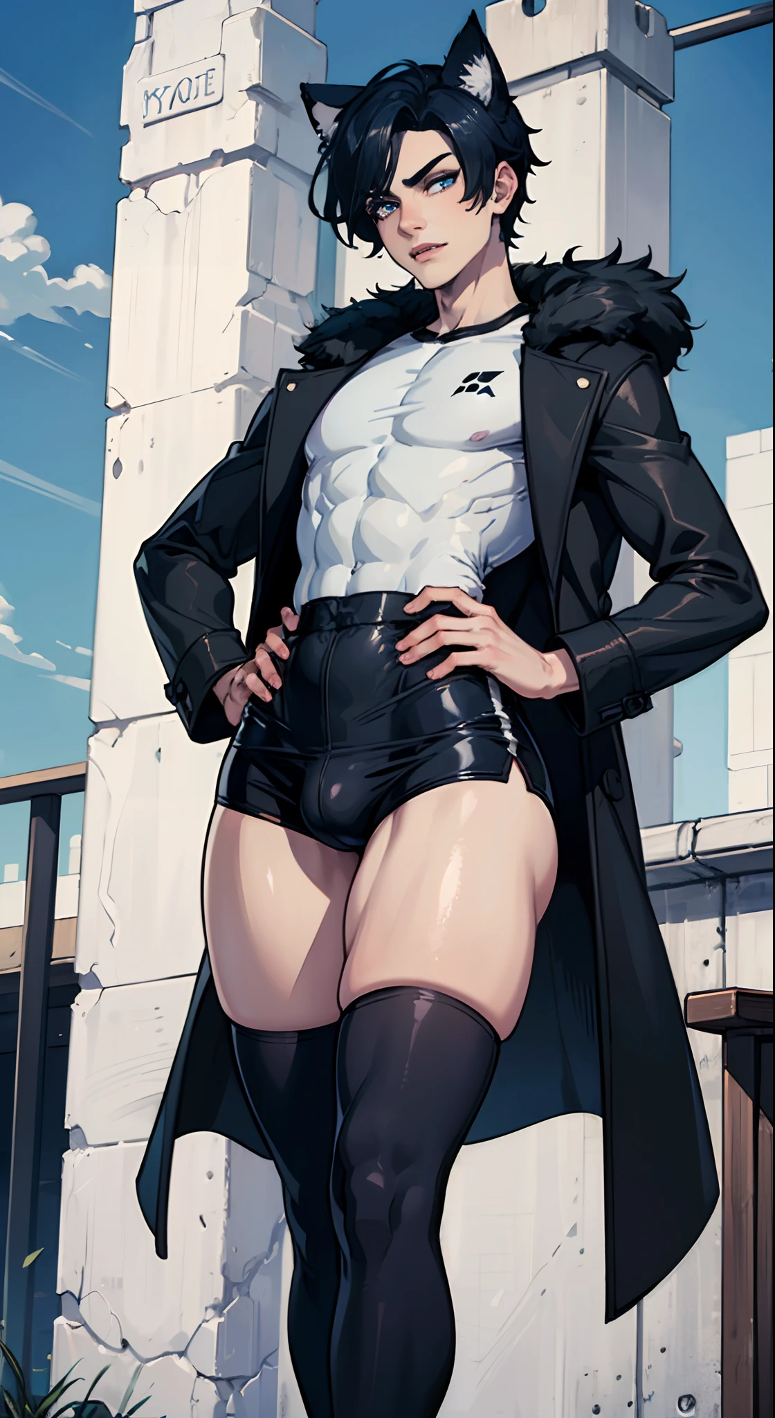 ((((((1boy)))))), fluffy dark blue hair, ((big sharp cat ears)), cat tail, slim figure, ((pale skin)), sky blue eyes, joyful, big thighs, big butt, fangs, slim waist, lean figure, skin pale, youthful appearance, (((bulge))), black booty gym shorts, black thigh socks, black coat, twink