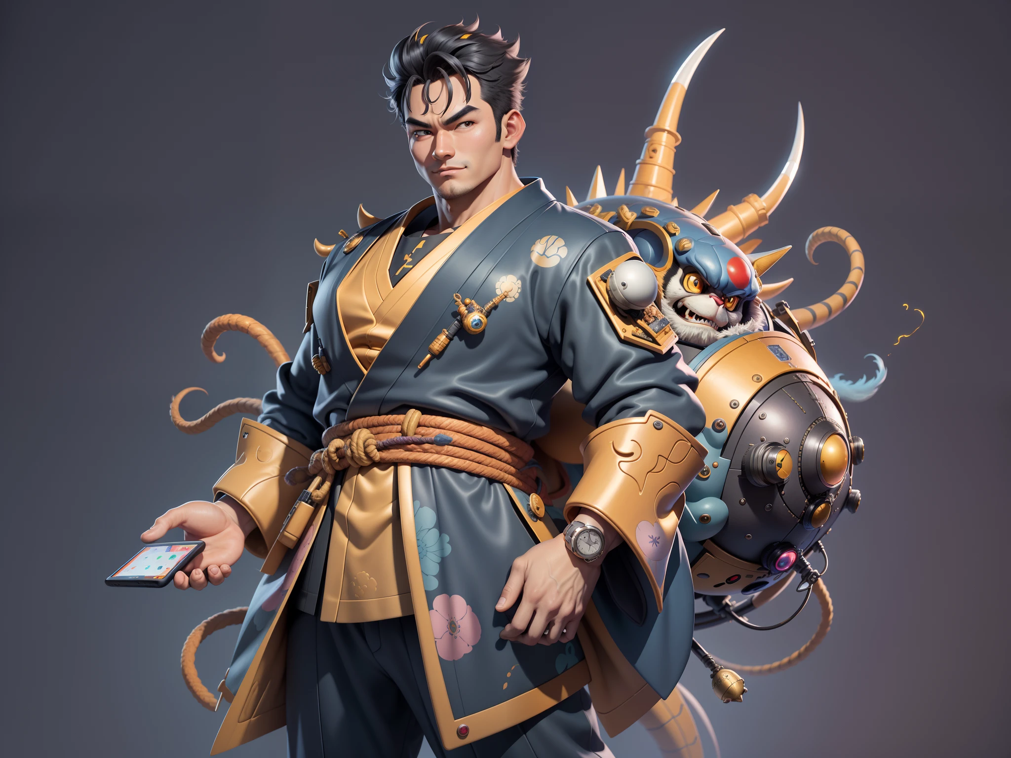 (Masterpiece), (Excellent), (Super Meticulous), (Full Body: 1.2), Super Young Man, Oriental Face, Japanese Kimono, Japanese Wind Thunder God, Dragon, Tiger, TV Anchor, Bust Portrait Illustration, Alone, Black Suit, Blue Tie, Slightly Chubby Face, Very Clean Face, No Beard, Black Super Short Hair, Black Eyes, Confident Smile, 3c Computer Sub-Products, iPad, iPhone, Digital Painting, 3D Character Design by Akira Toriyama and Mark Claireden and Pixar and Hayao Miyazaki, The illustration is a high-definition illustration in 4K resolution with very detailed facial features and cartoon-style visuals.