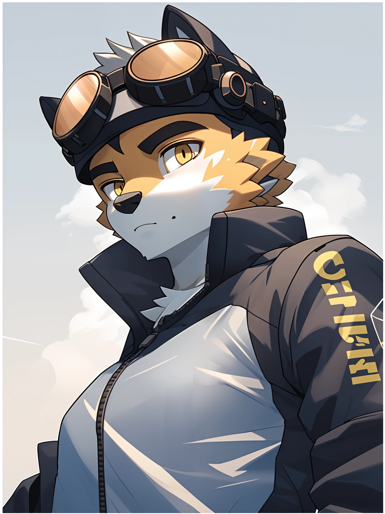 Furry,age uncensored,Strong,Young,light yellow eyes,Wear transparent goggles with a light yellow border,Cool reflective clothes,CG,4K,Beautiful,Orange skin,The individual fills the whole picture,Gray solid background,Q version,quit