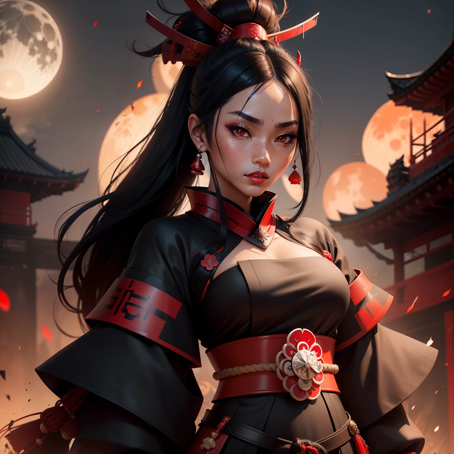 Female samurai warrior, jet black hair, dark skinned tanned, red black, bright moon, freckles on the face, red lipstick, full body, no extra hair, diamond shaped face, cover top, black eyeballs, geisha warrior, brown tan skinned, sexy hair style, extravagant outfit
