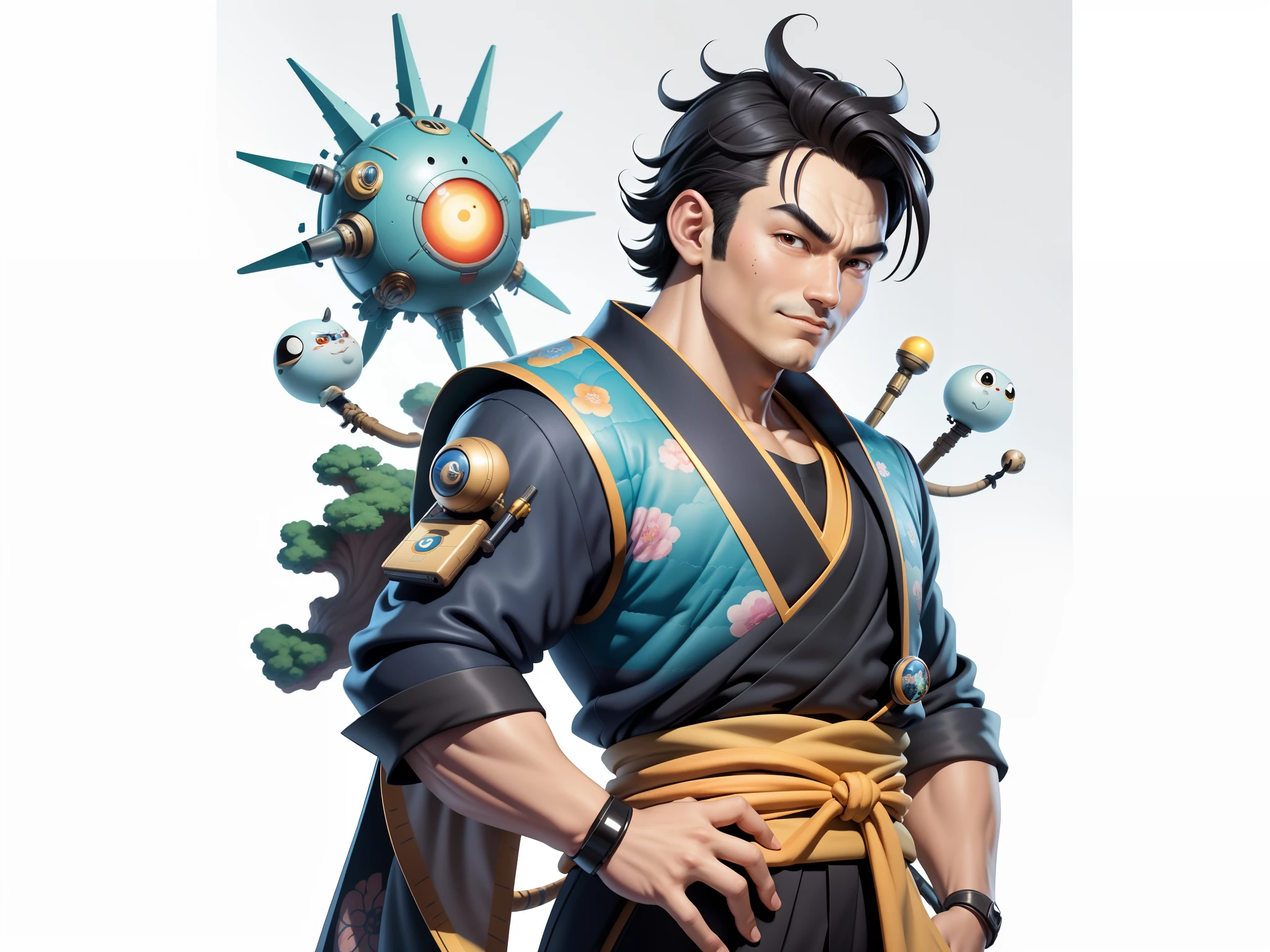 (Masterpiece), (Excellent), (Super Meticulous), (Full Body: 1.2), Super Young Man, Oriental Face, Japanese Kimono, Japanese Wind Thunder God, Dragon, Tiger, TV Anchor, Bust Portrait Illustration, Alone, Black Suit, Blue Tie, Slightly Chubby Face, Very Clean Face, No Beard, Black Super Short Hair, Black Eyes, Confident Smile, 3c Computer Sub-Products, iPad, iPhone, Digital Painting, 3D Character Design by Akira Toriyama and Mark Claireden and Pixar and Hayao Miyazaki, The illustration is a high-definition illustration in 4K resolution with very detailed facial features and cartoon-style visuals.