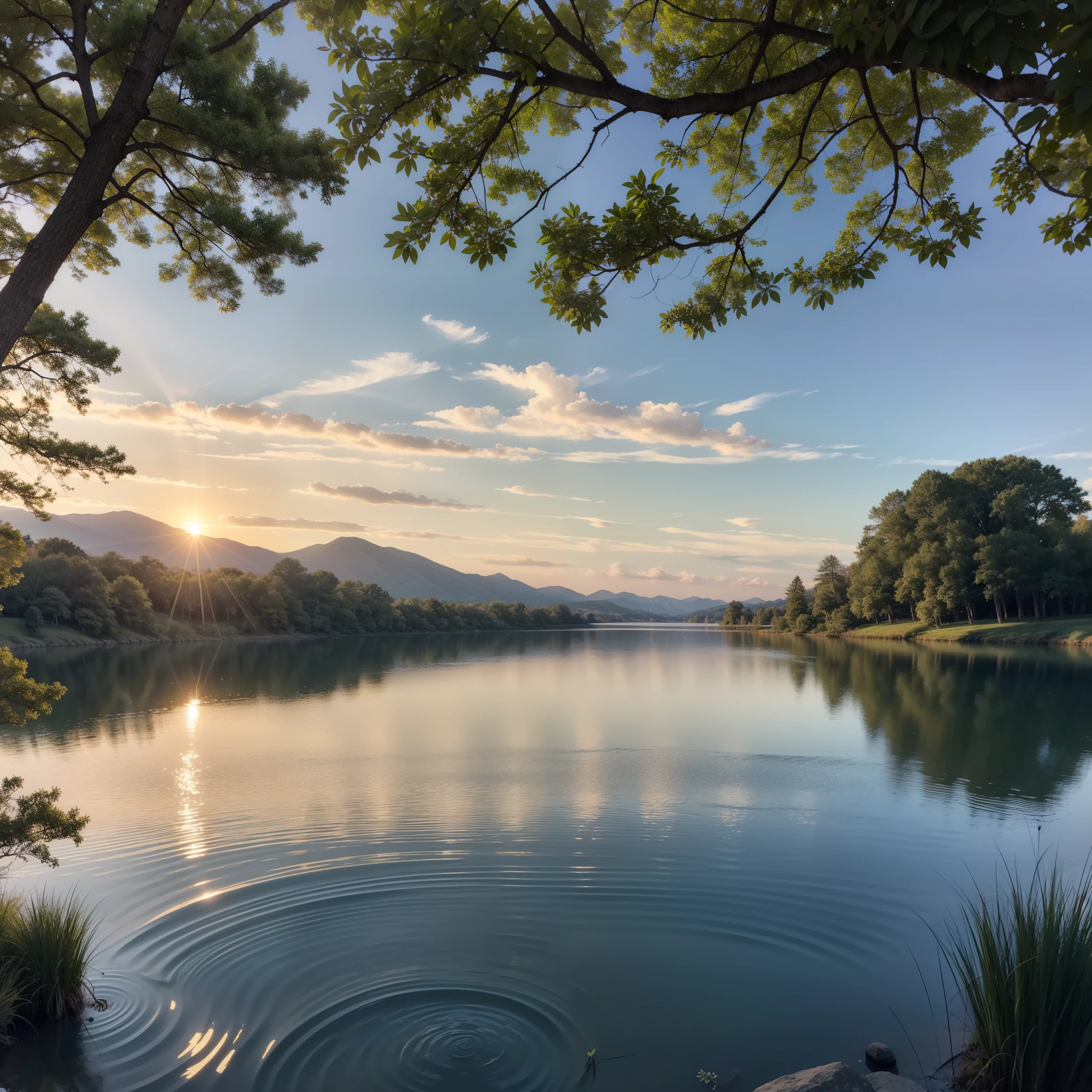 "Capture the serenity of a vintage era by painting a scene at sunset by a big lake. The sun's warm glow dances on the shimmering lake water, illuminating the tranquil setting. Long grass gently sways in the breeze beside the water, adding to the sense of calm. Focus on the intricate details of the water's reflection and the nostalgic charm of the surroundings."