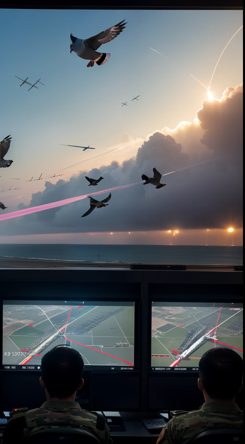 Create an image illustrating the concept of pigeons guiding missiles from a strategic command center. Show military personnel monitoring screens displaying pigeon behavior data and missile trajectories, realistic, 8k