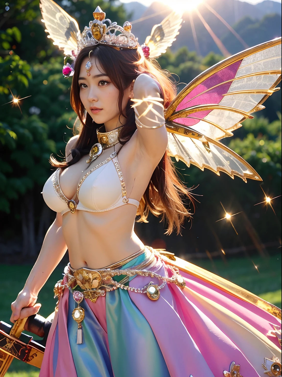 (masutepiece), Professional , masterpiece、top-quality、photos realistic , depth of fields (Gemstone White Metal Body:1.9),(Matte White Pink、Jewel Gold Weapon、(Gorgeous castle background)、(ultimate beauty girl)、(Rainbow fairy wings grow)、Particles of light、(Metal body of iridescent gemstones:1.9),Gorgeous Jewel Metal Weapons ,(maikurobikini)、 Detailed Sword of the Brave ,( Pink hair) ,warhammer 40k , adepta sororitas,Detail and ornate jewel crown、独奏、Brown hair、Mystical expression、cleavage of the breast、(Gangle's forest background)、Beautiful Caucasian beauty、1a person、dynamic ungle,(((Diamond tiara with detail and luxury)))、a small face、Powerful poses、(Gorgeous castle background)、huge filesize、20 year old beautiful woman、Stand in the center of the screen、Thin female fingers、Straight long hair、Beautiful Caucasian beauty、(maikurobikini)、Hair fluttering in the wind、face forwards、Look at viewers、(Armpit)、Armpit、