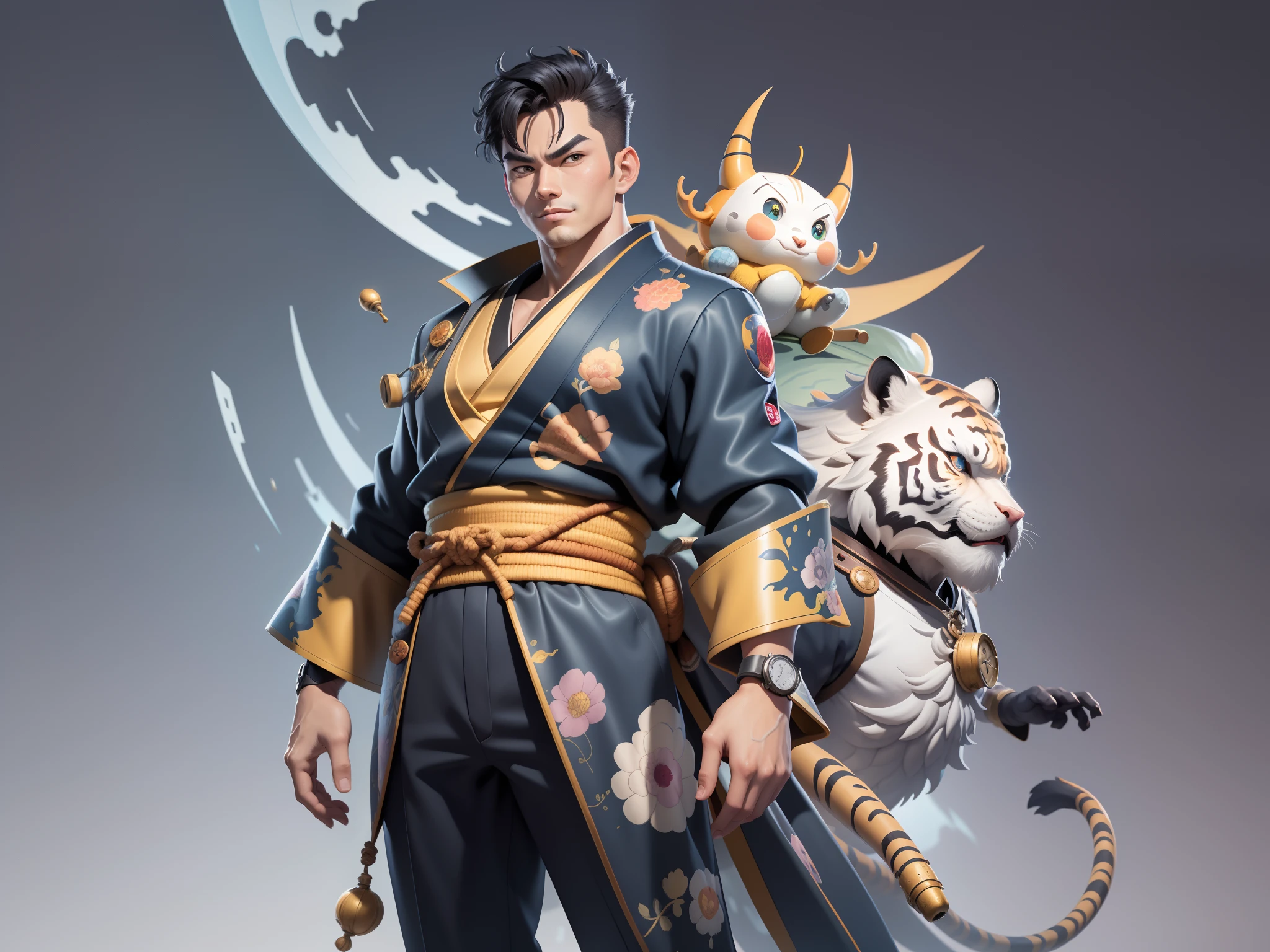 (Masterpiece), (Excellent), (Super Meticulous), (Full Body: 1.2), Super Young Man, Oriental Face, Japanese Kimono, Japanese Wind Thunder God, Dragon, Tiger, TV Anchor, Bust Portrait Illustration, Alone, Black Suit, Blue Tie, Slightly Chubby Face, Very Clean Face, No Beard, Black Super Short Hair, Black Eyes, Confident Smile, 3c Computer Sub-Products, iPad, iPhone, Digital Painting, 3D Character Design by Akira Toriyama and Mark Claireden and Pixar and Hayao Miyazaki, The illustration is a high-definition illustration in 4K resolution with very detailed facial features and cartoon-style visuals.