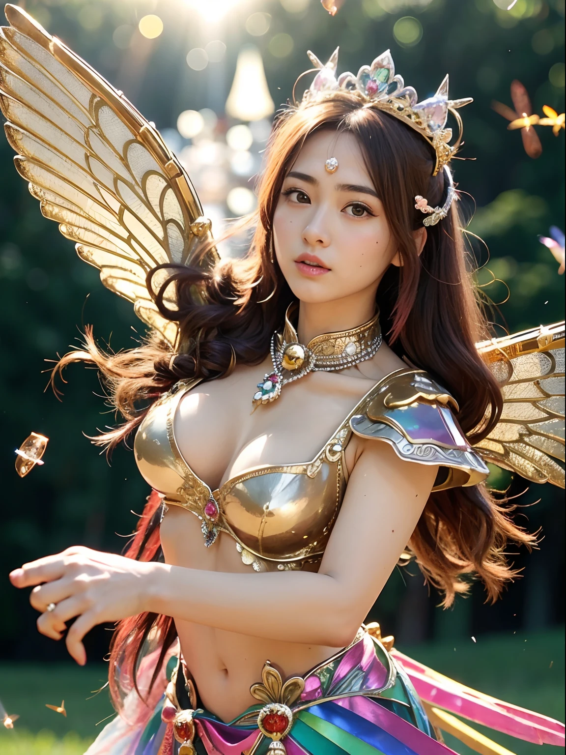 (masutepiece), Professional , ​masterpiece、top-quality、photos realistic , depth of fields （Gemstone White Metal Body:1.９),(Matte White Pink、Jewel Gold Weapon、（Gorgeous castle background）、（ultimate beauty girl）、（Rainbow fairy wings grow）、Particles of light、（Metal body of iridescent gemstones:1.９),Gorgeous Jewel Metal Weapons ,（maikurobikini）、 Detailed Sword of the Brave ,（ Pink hair）   ,warhammer 40k , adepta sororitas,Detail and ornate jewel crown、独奏、Brown hair、Mystical expression、cleavage of the breast、（Gangle's forest background）、Beautiful Caucasian beauty、１a person、dynamic ungle,(((Diamond tiara with detail and luxury)))、a small face、Powerful poses、（Gorgeous castle background）、huge filesize、20 year old beautiful woman、Stand in the center of the screen、Thin female fingers、Straight long hair、Beautiful Caucasian beauty、（maikurobikini）、Hair fluttering in the wind、face forwards、Look at viewers、（Armpit）、Armpit、