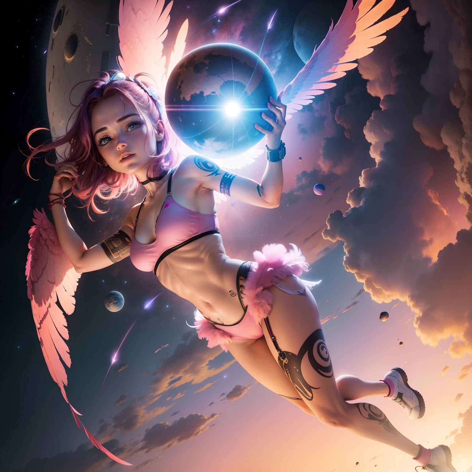 ultra-realistic realism，A distant planet，Pink sky，flying on the sky，one-girl with ccolourful feather wings full body show，( tatoo mark) ( ancient bra)Five suns